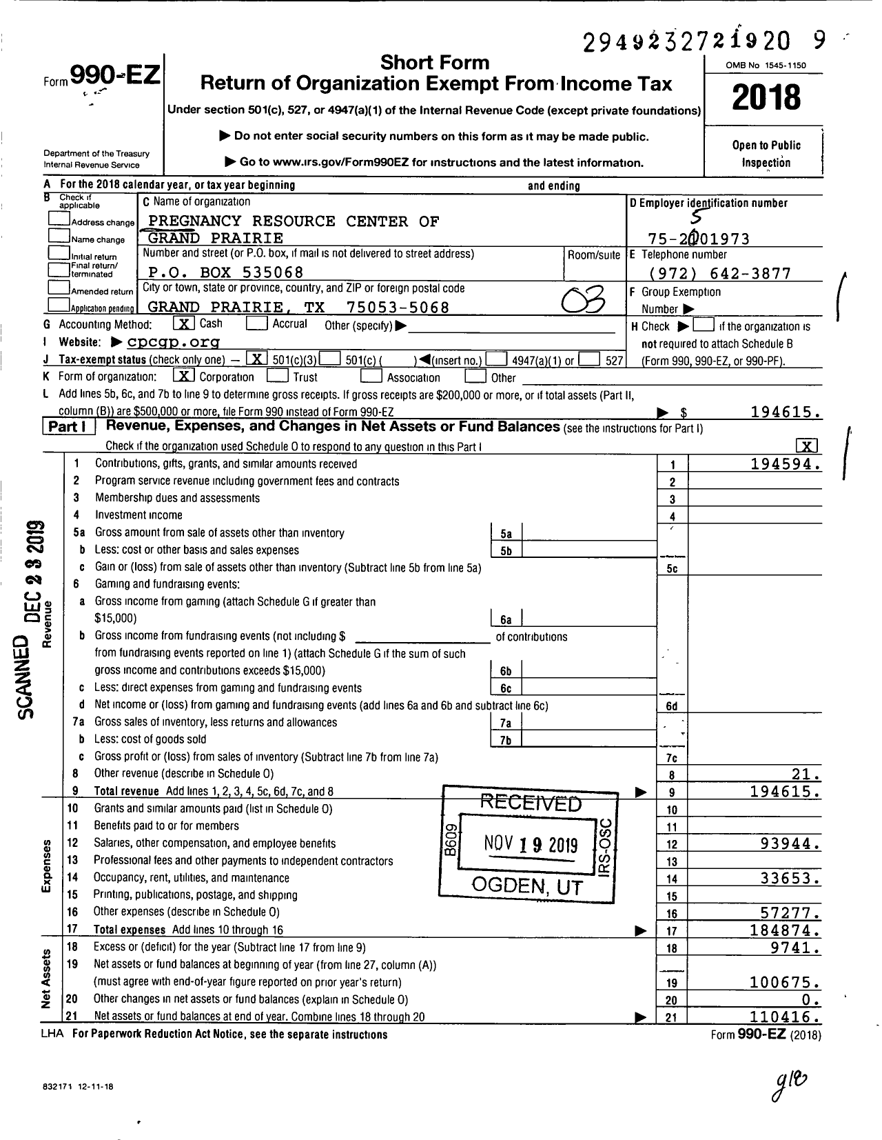 Image of first page of 2018 Form 990EZ for Pregnancy Resource Center of GP