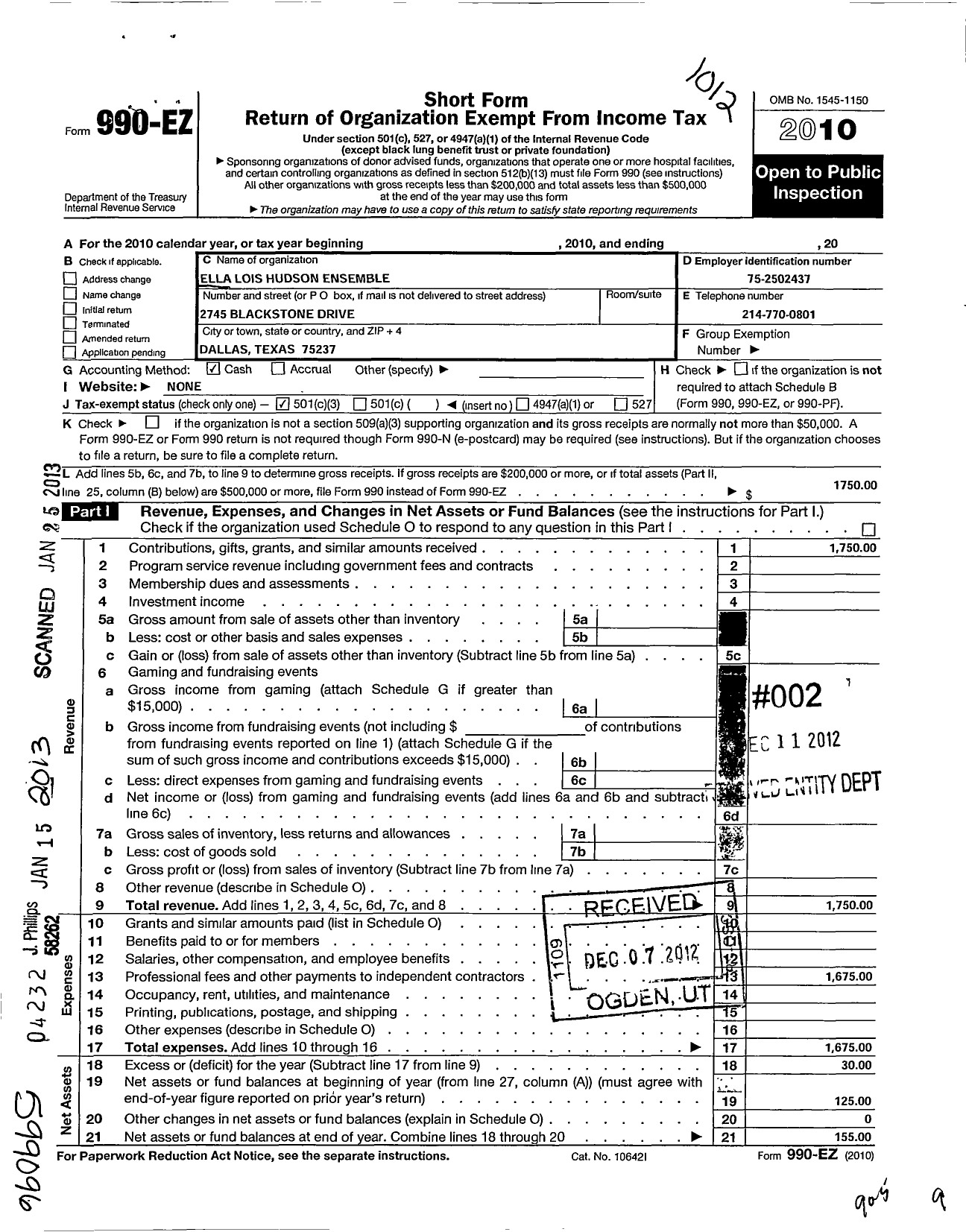 Image of first page of 2010 Form 990EZ for Ella Lois Hudson Ensemble