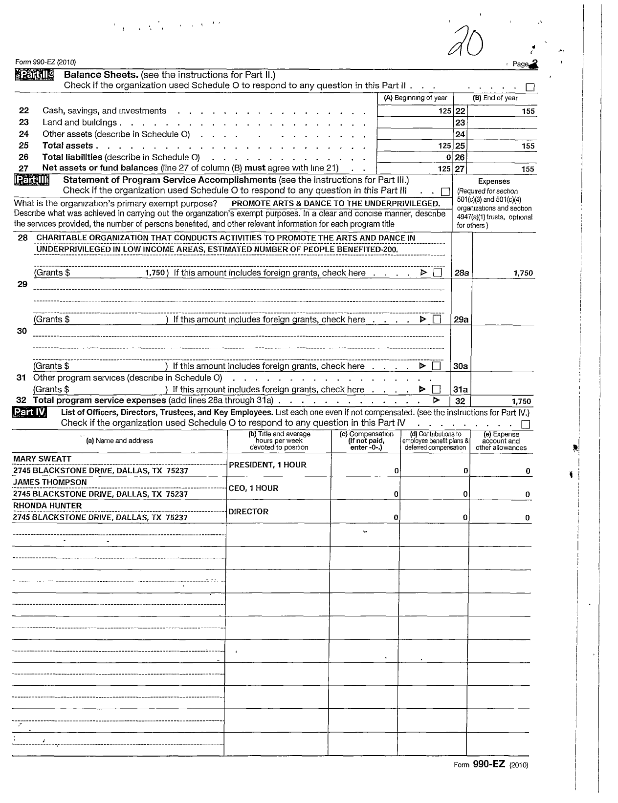 Image of first page of 2010 Form 990ER for Ella Lois Hudson Ensemble