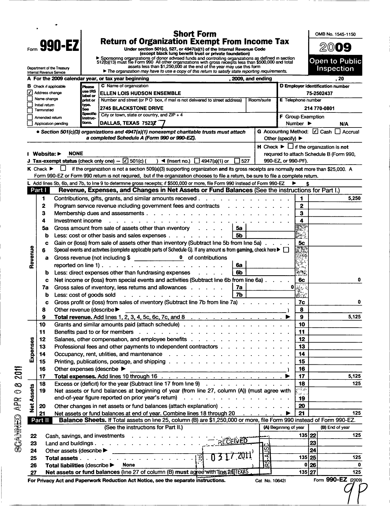 Image of first page of 2009 Form 990EO for Ella Lois Hudson Ensemble