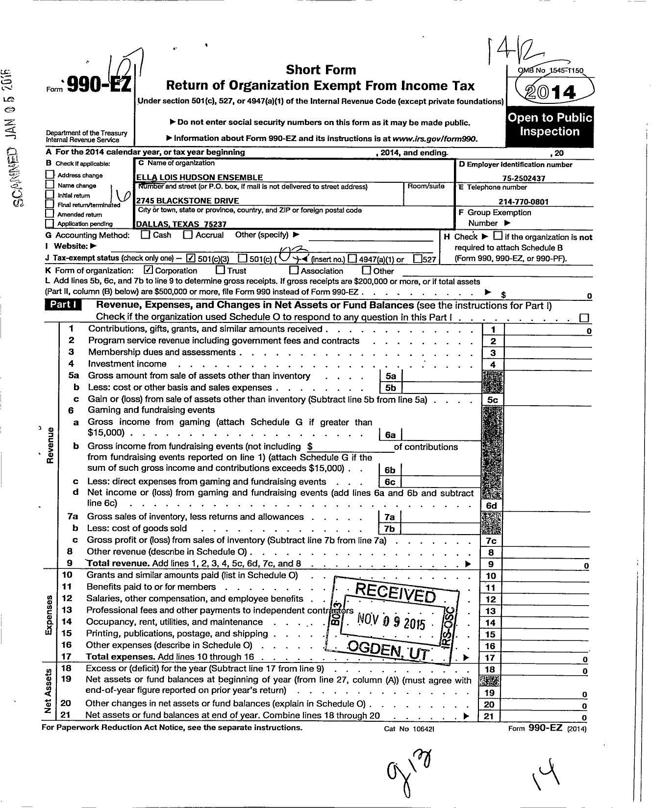 Image of first page of 2014 Form 990EZ for Ella Lois Hudson Ensemble