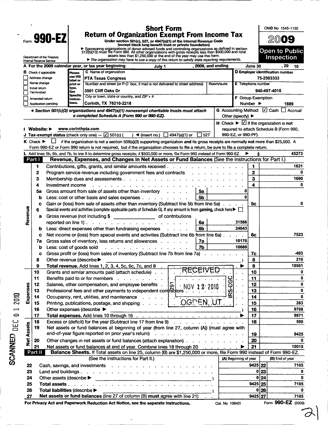 Image of first page of 2009 Form 990EO for Texas PTA - 1650 Corinth Elementary PTA