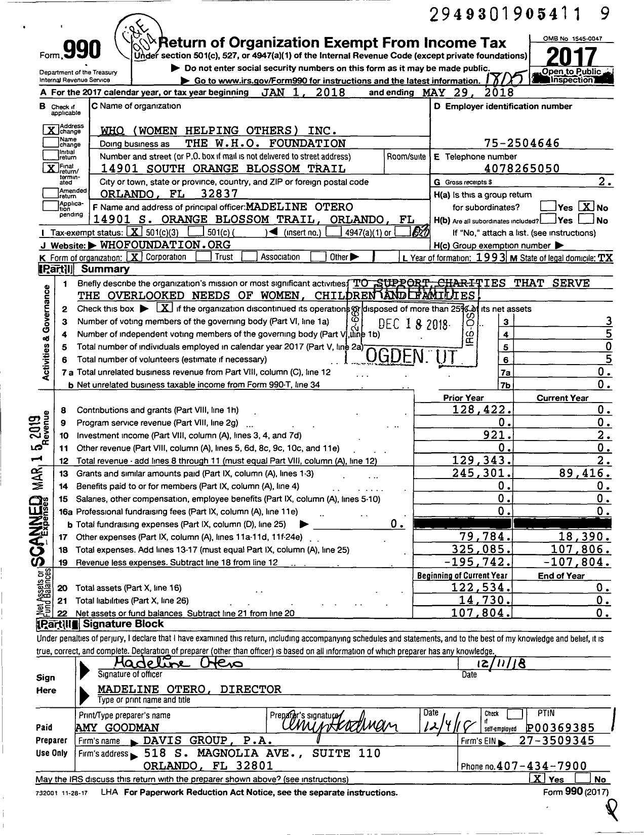Image of first page of 2017 Form 990 for Women Helping Others (WHO)