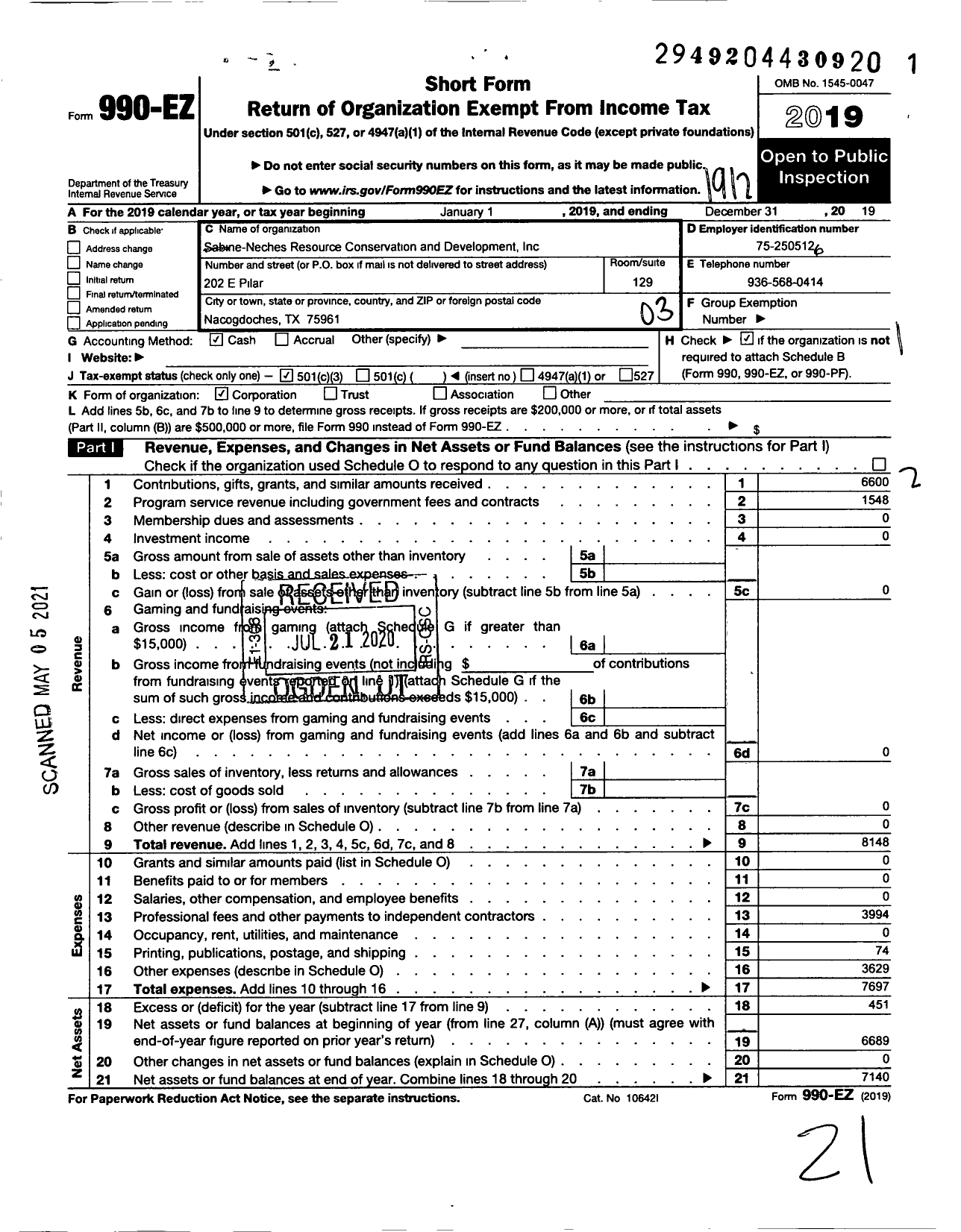 Image of first page of 2019 Form 990EZ for Sabine-Neches Resource Conservation and Development