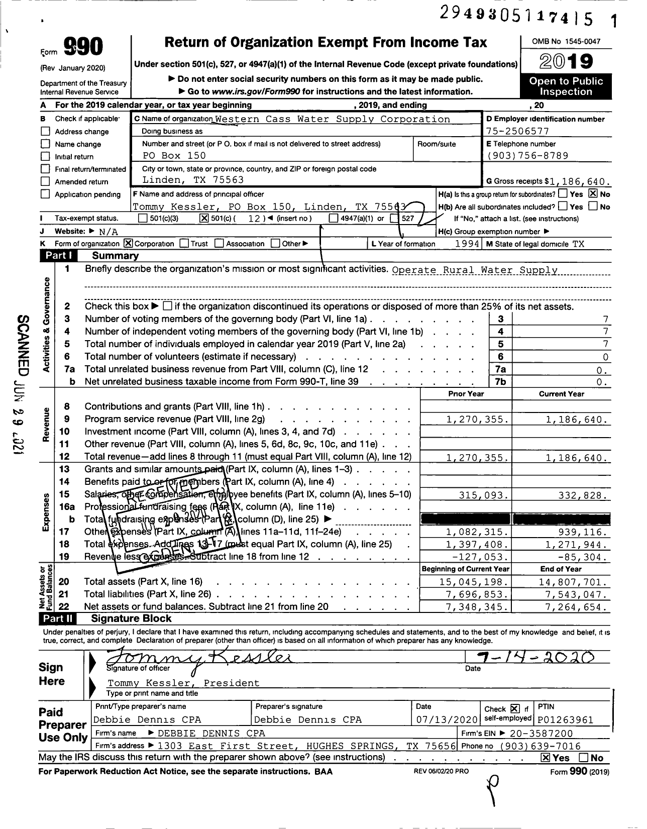 Image of first page of 2019 Form 990O for Western Cass Water Supply Corporation