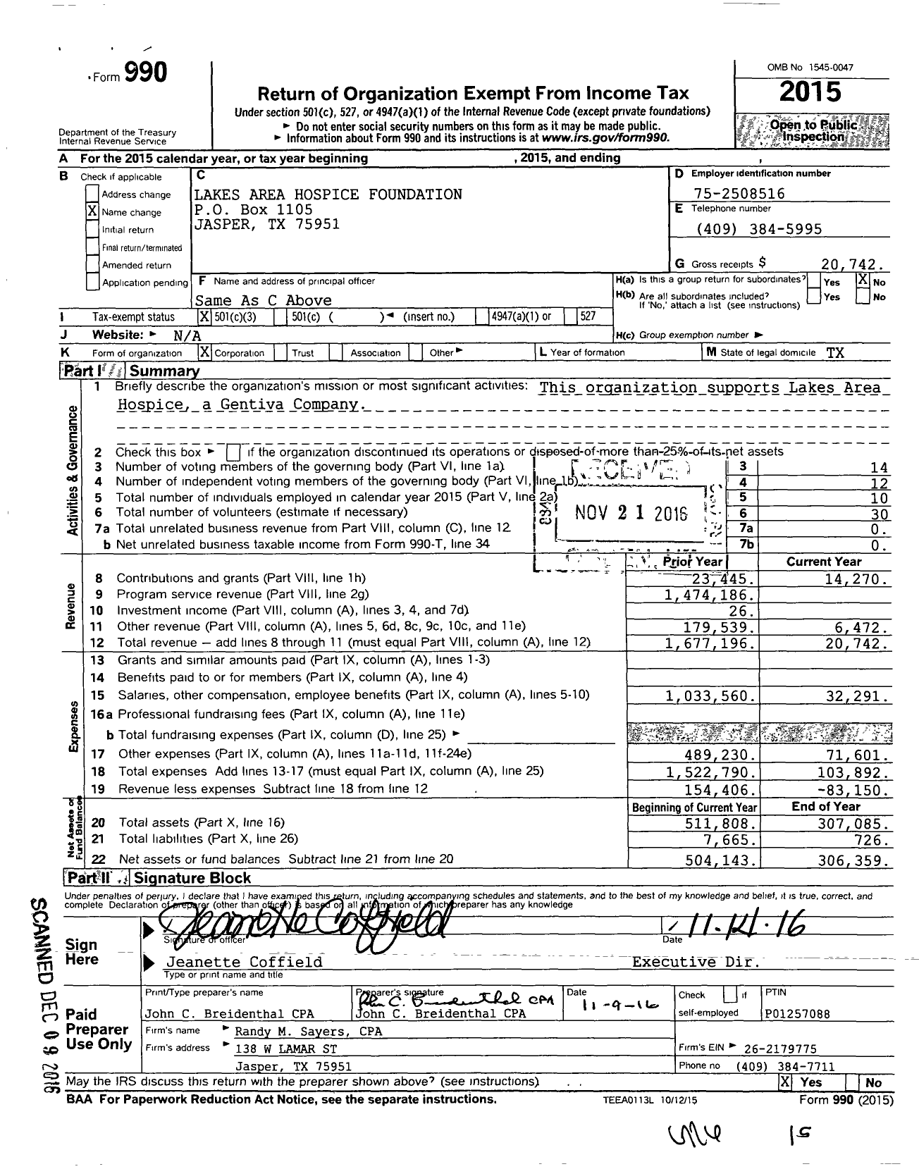 Image of first page of 2015 Form 990 for Lakes Area Hospice Foundation