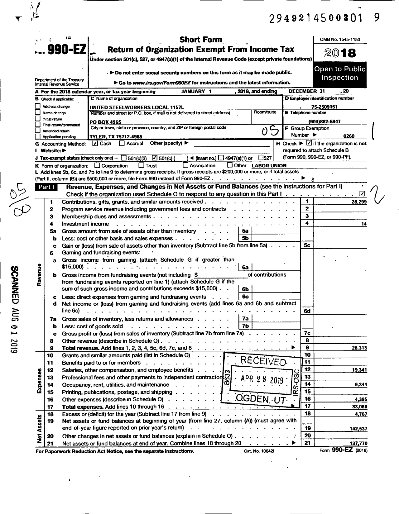 Image of first page of 2018 Form 990EO for United Steelworkers - 01157l Local