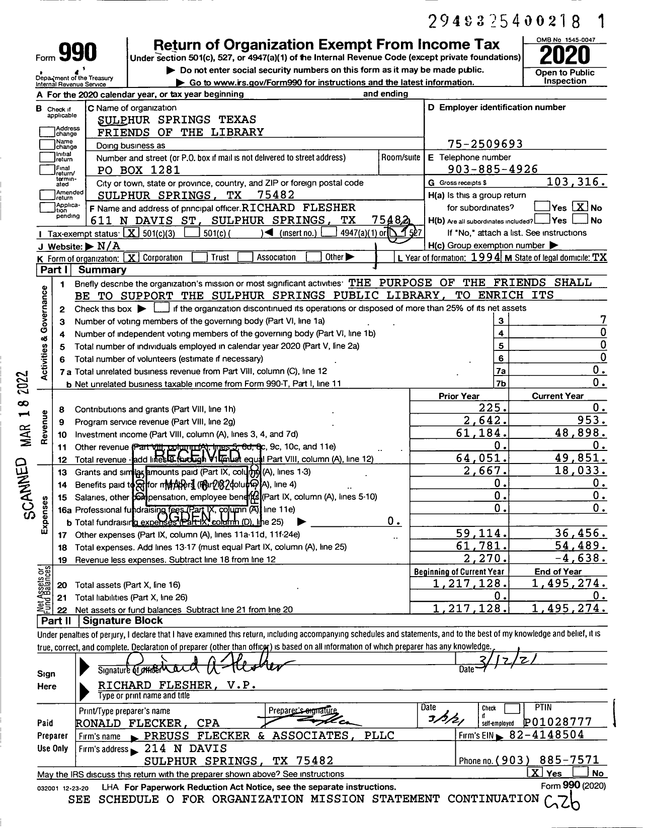 Image of first page of 2020 Form 990 for Sulphur Springs Texas Friends of the Library