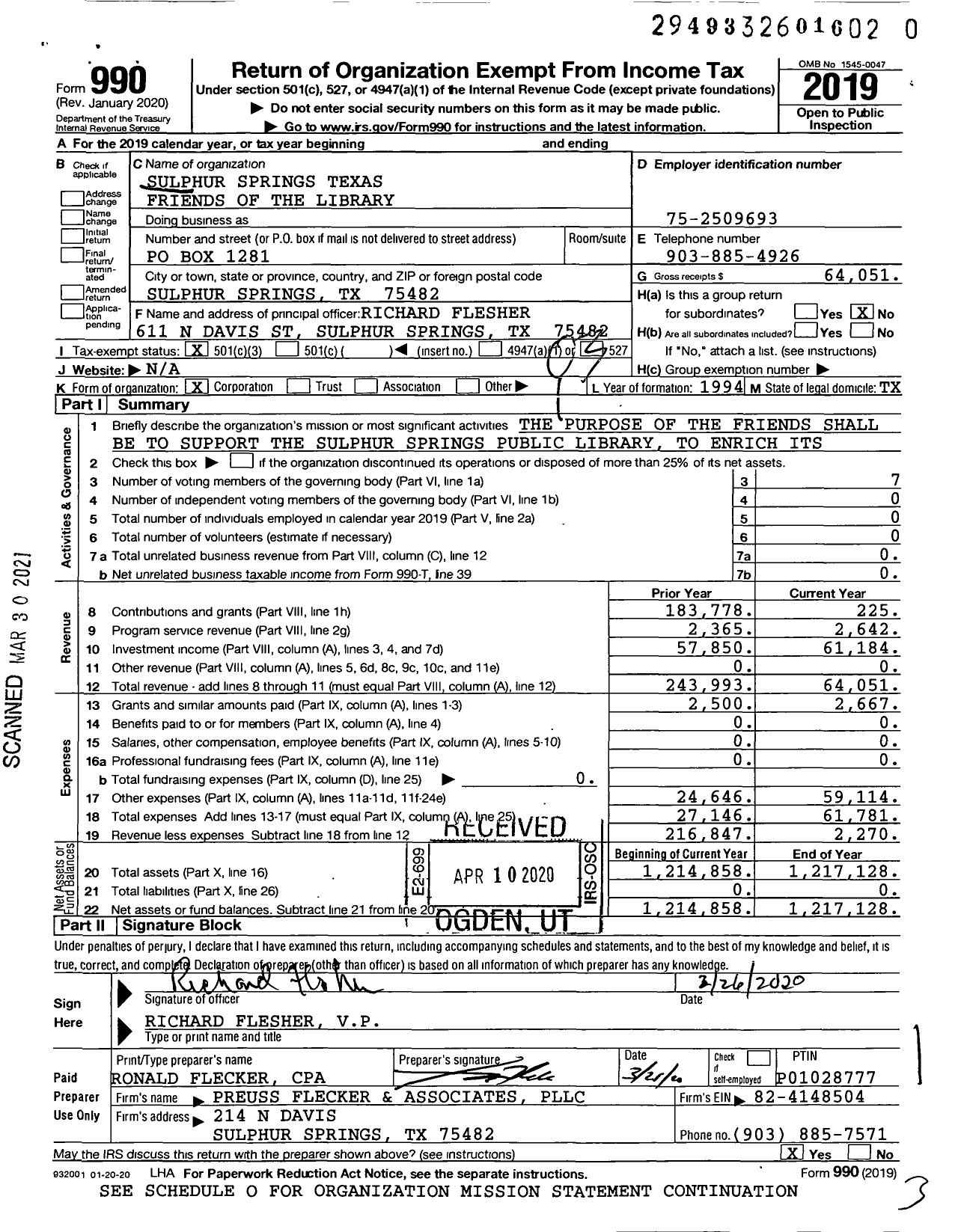 Image of first page of 2019 Form 990 for Sulphur Springs Texas Friends of the Library