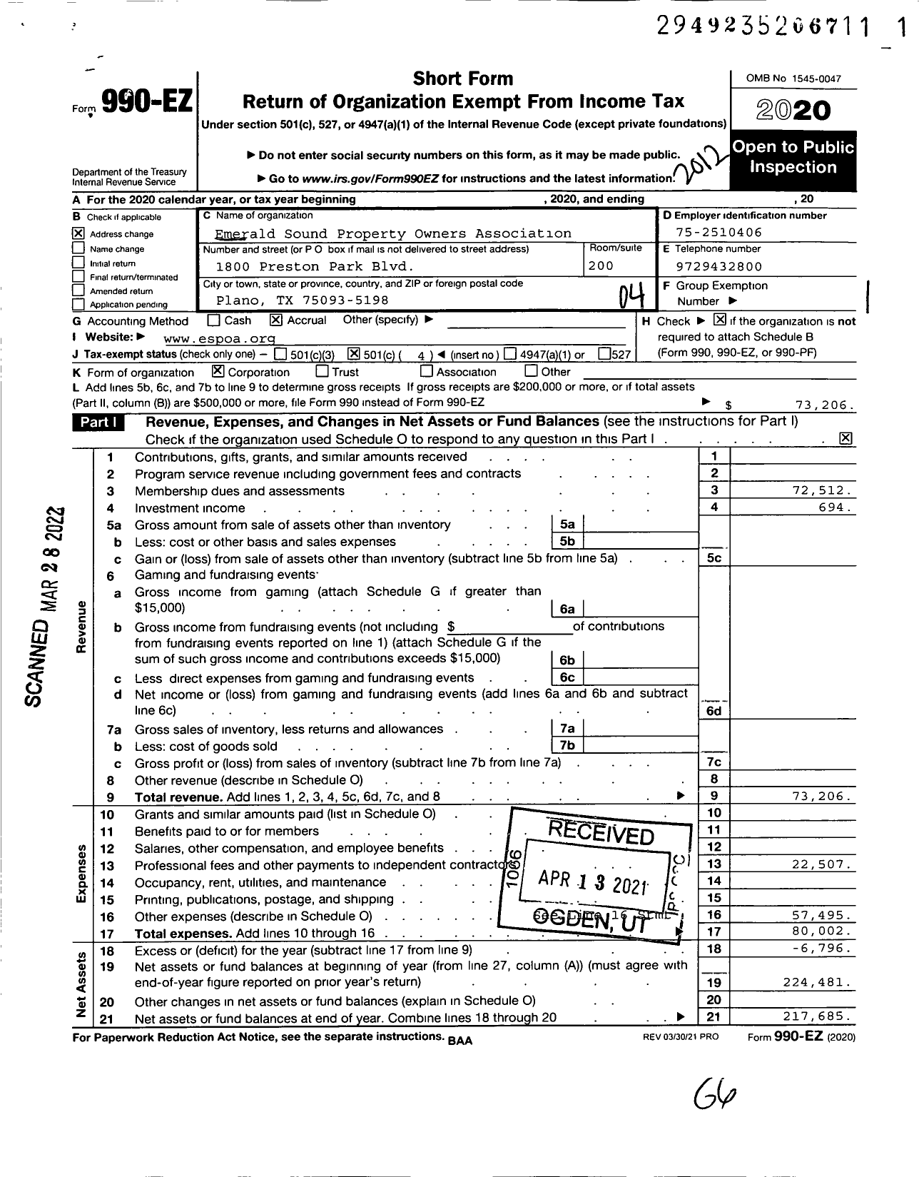 Image of first page of 2020 Form 990EO for Emerald Sound Property Owners Association