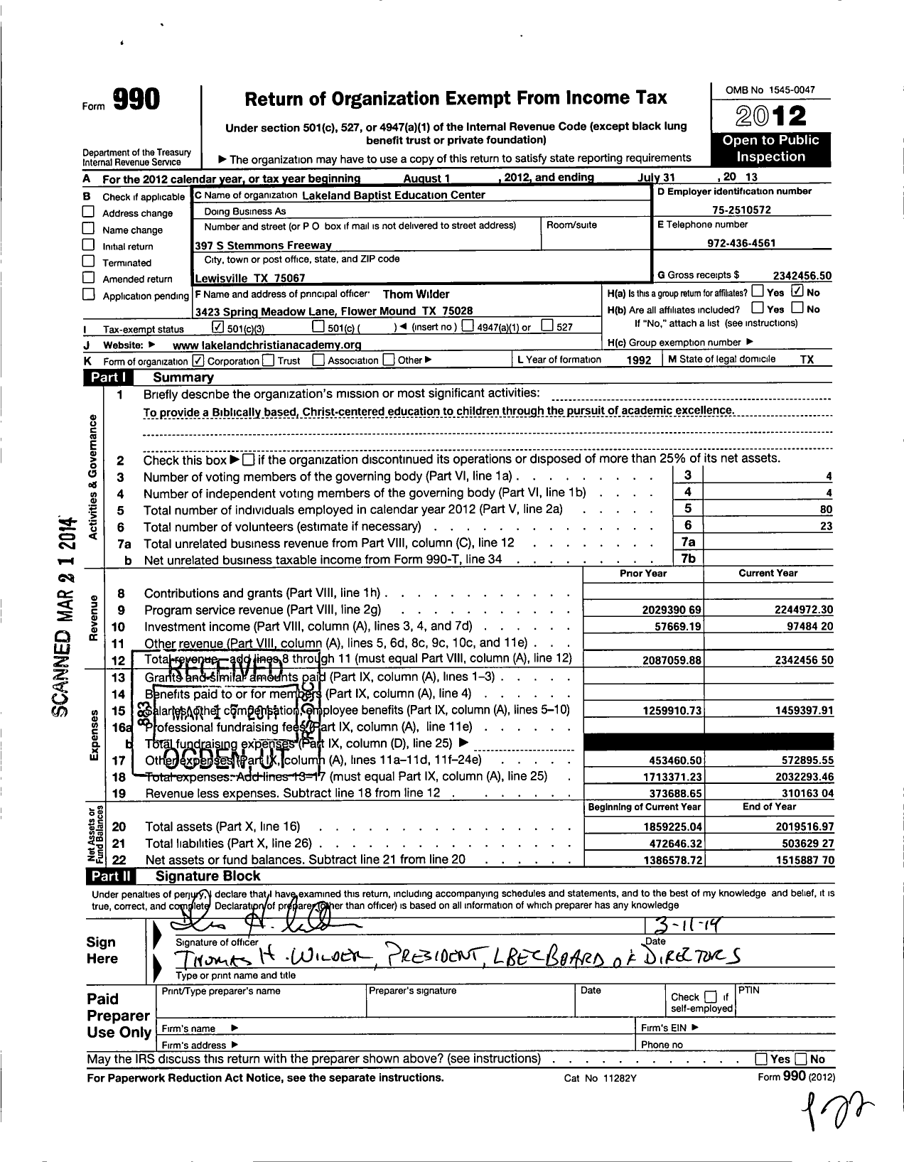 Image of first page of 2012 Form 990 for Lakeland Baptist Education Center