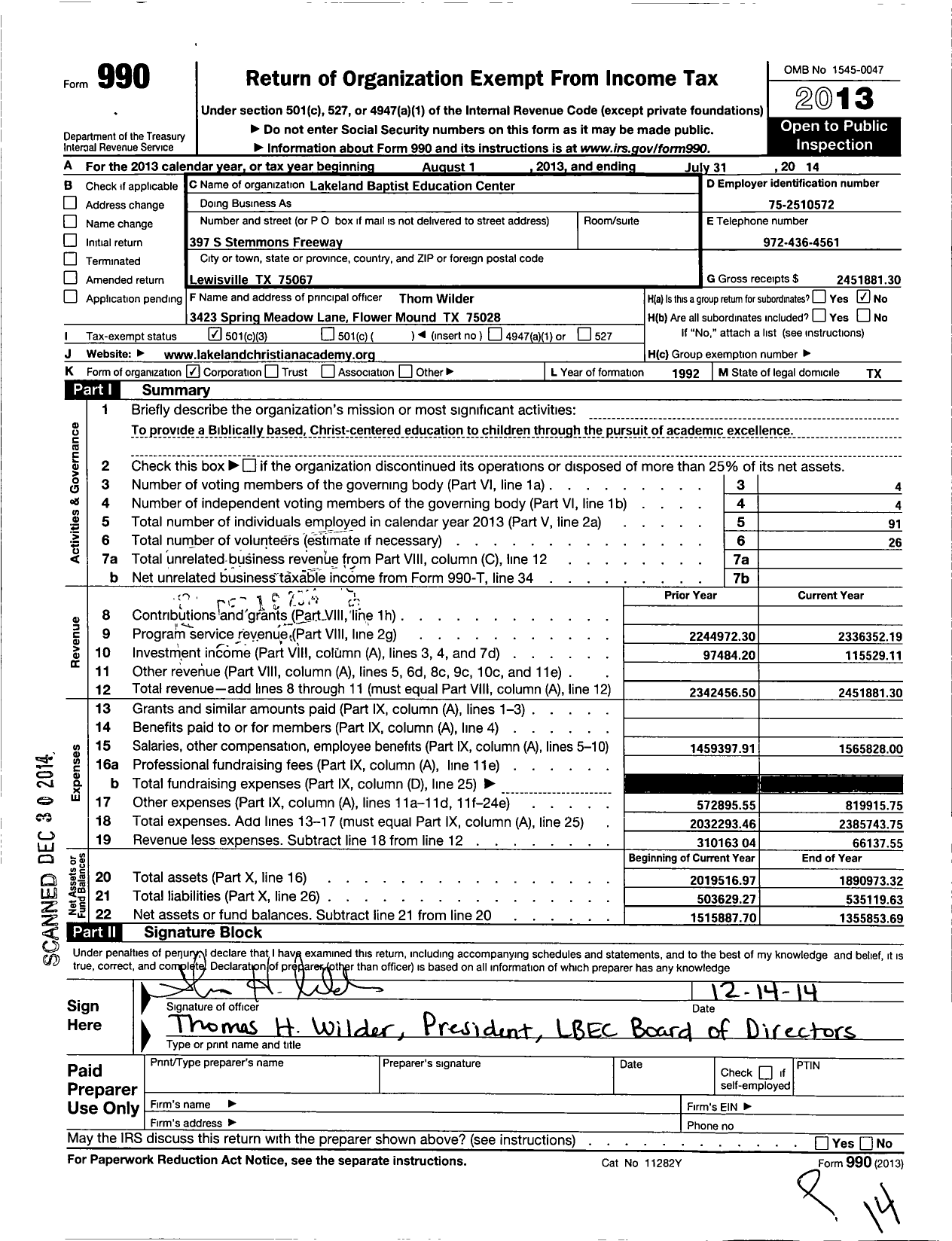 Image of first page of 2013 Form 990 for Lakeland Baptist Education Center