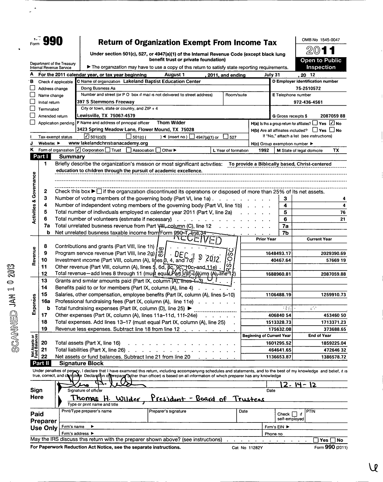 Image of first page of 2011 Form 990 for Lakeland Baptist Education Center