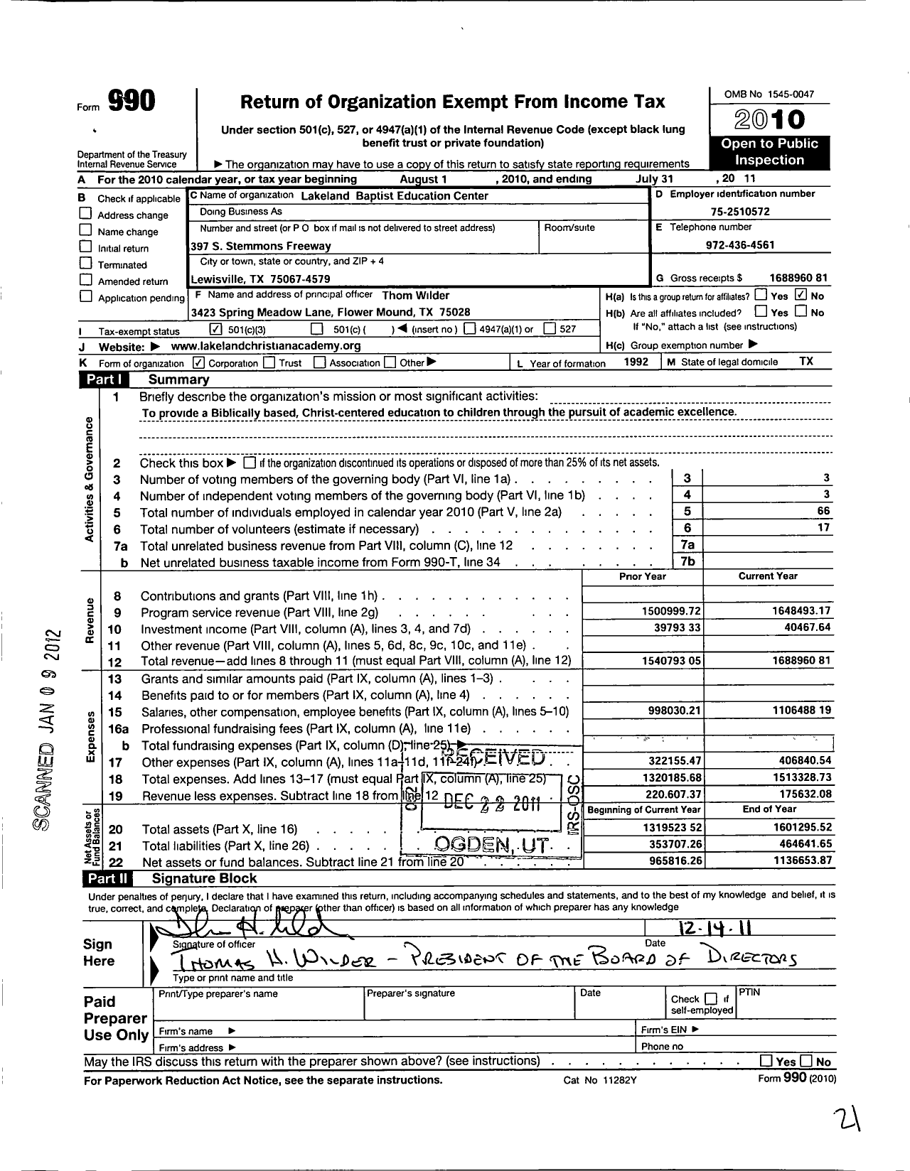 Image of first page of 2010 Form 990 for Lakeland Baptist Education Center