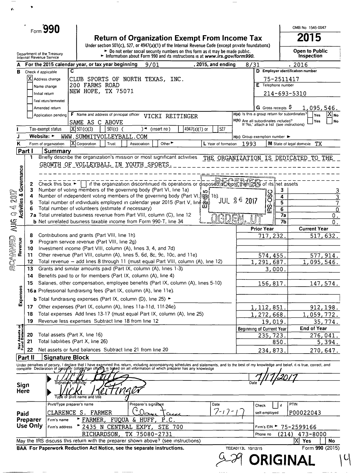 Image of first page of 2015 Form 990 for Club Sports of North Texas