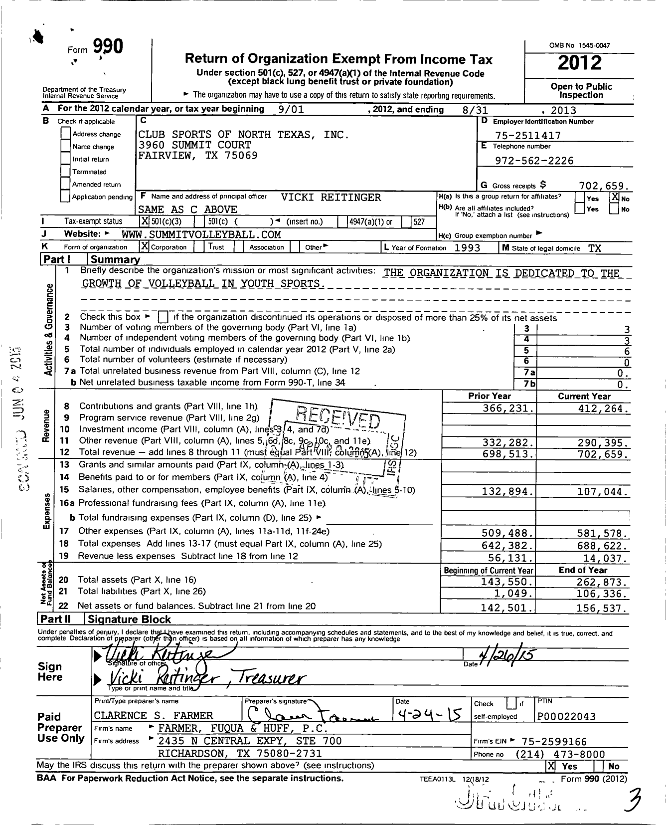 Image of first page of 2012 Form 990 for Club Sports of North Texas