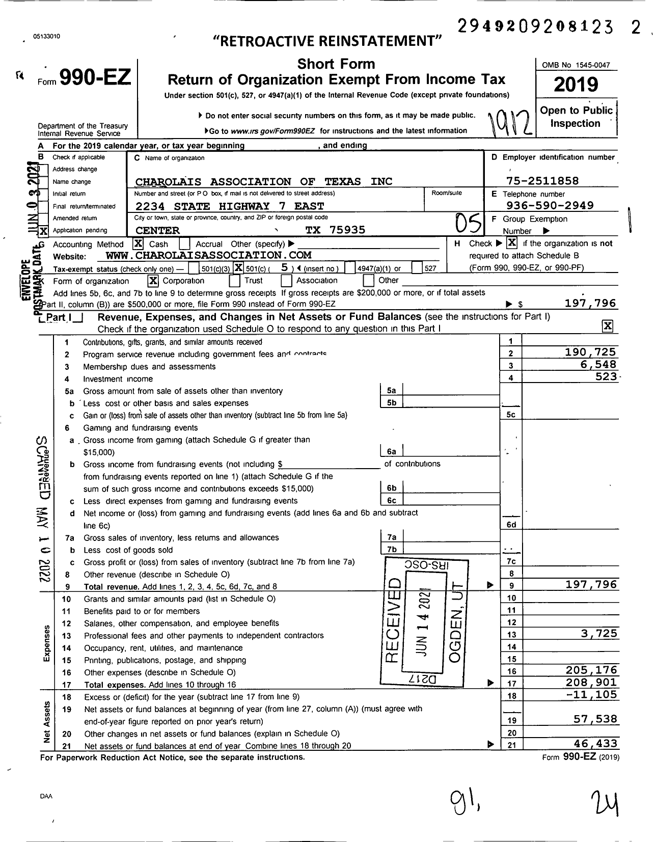 Image of first page of 2019 Form 990EO for Charolais Association of Texas