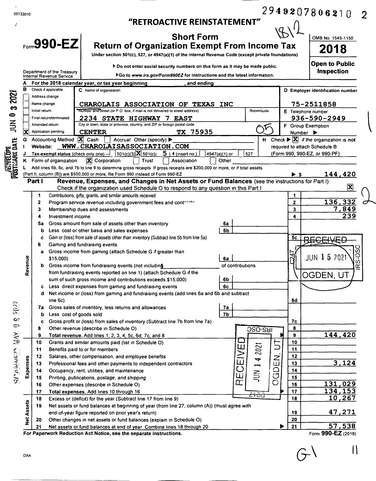 Image of first page of 2018 Form 990EO for Charolais Association of Texas