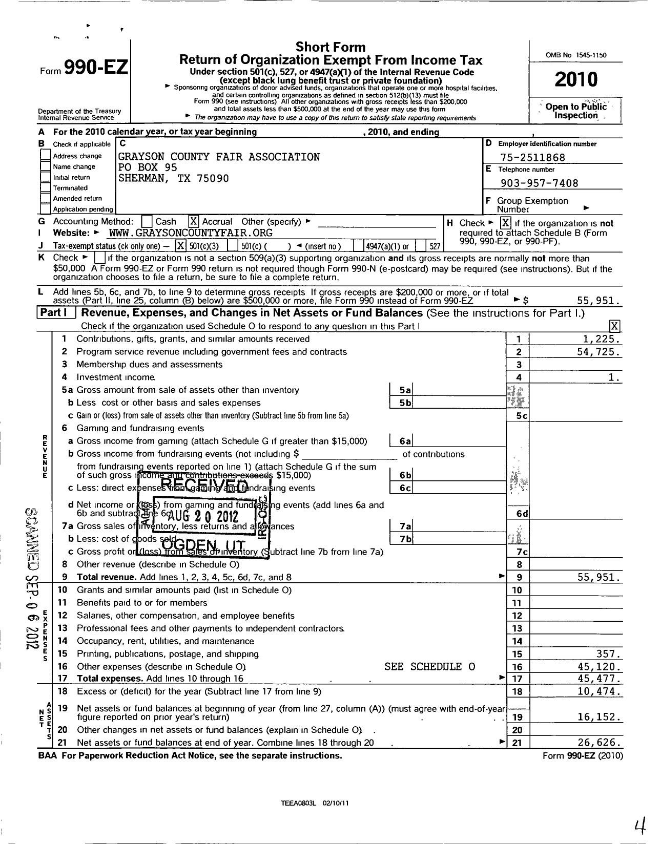 Image of first page of 2010 Form 990EZ for Grayson County Fair Association