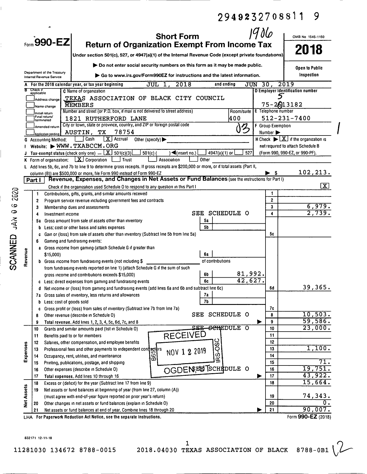 Image of first page of 2018 Form 990EZ for Texas Association of Black City Council Members