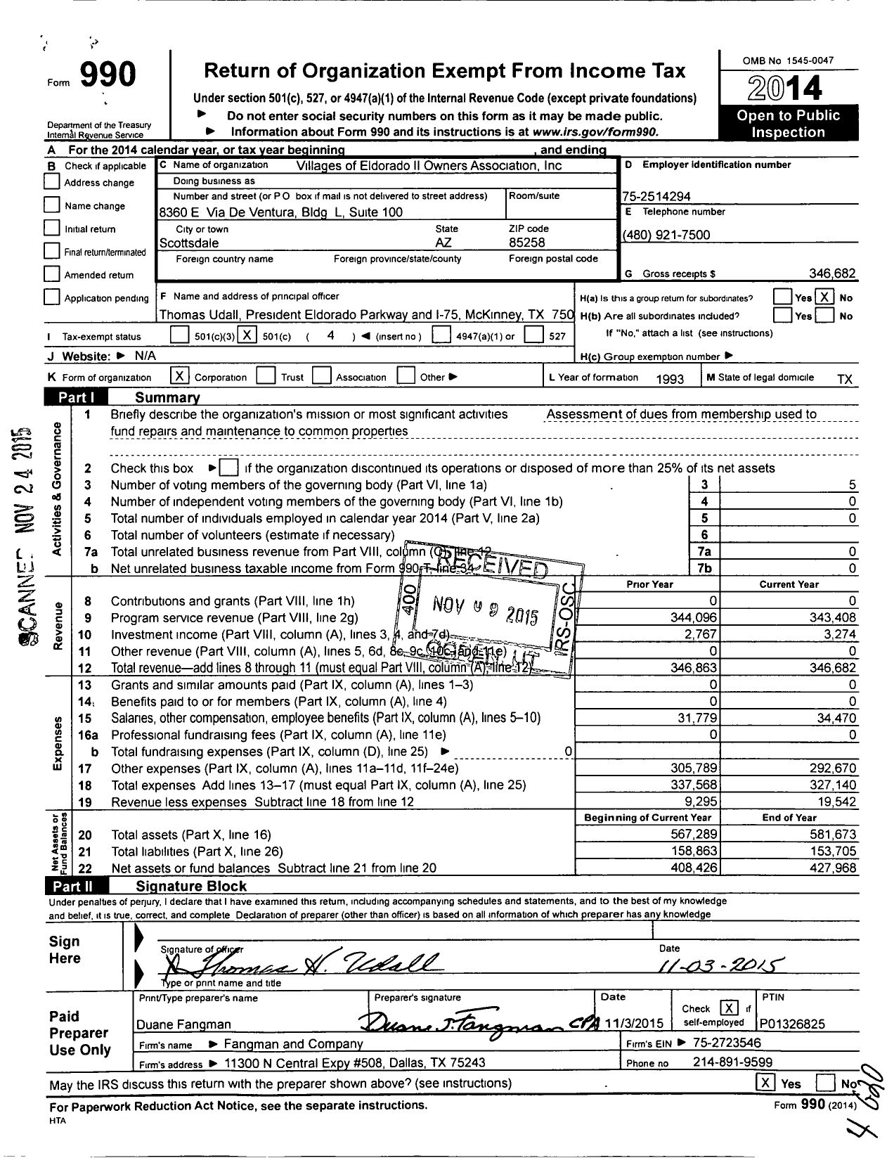 Image of first page of 2014 Form 990O for Villages of Eldorado II Owners Association