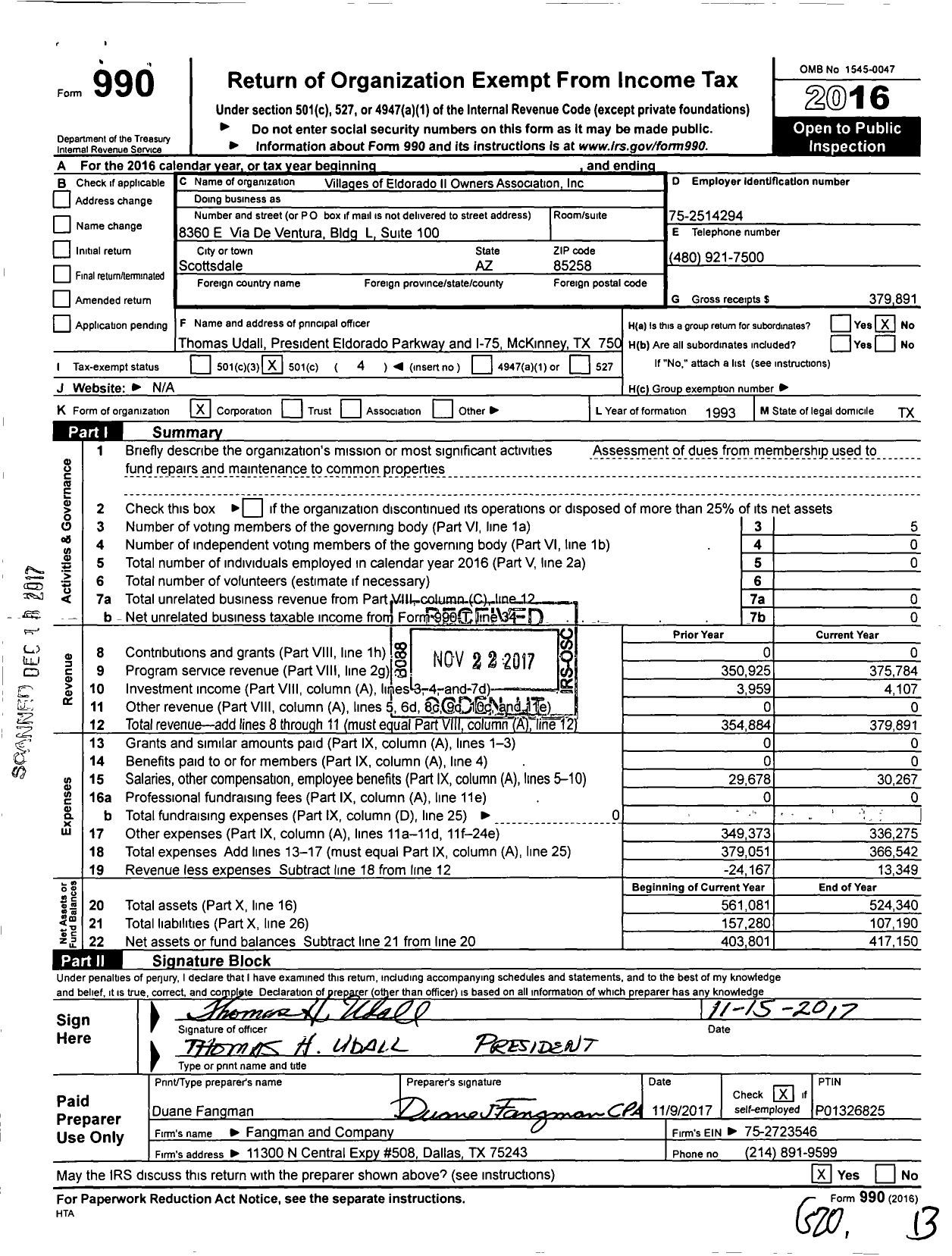 Image of first page of 2016 Form 990O for Villages of Eldorado II Owners Association