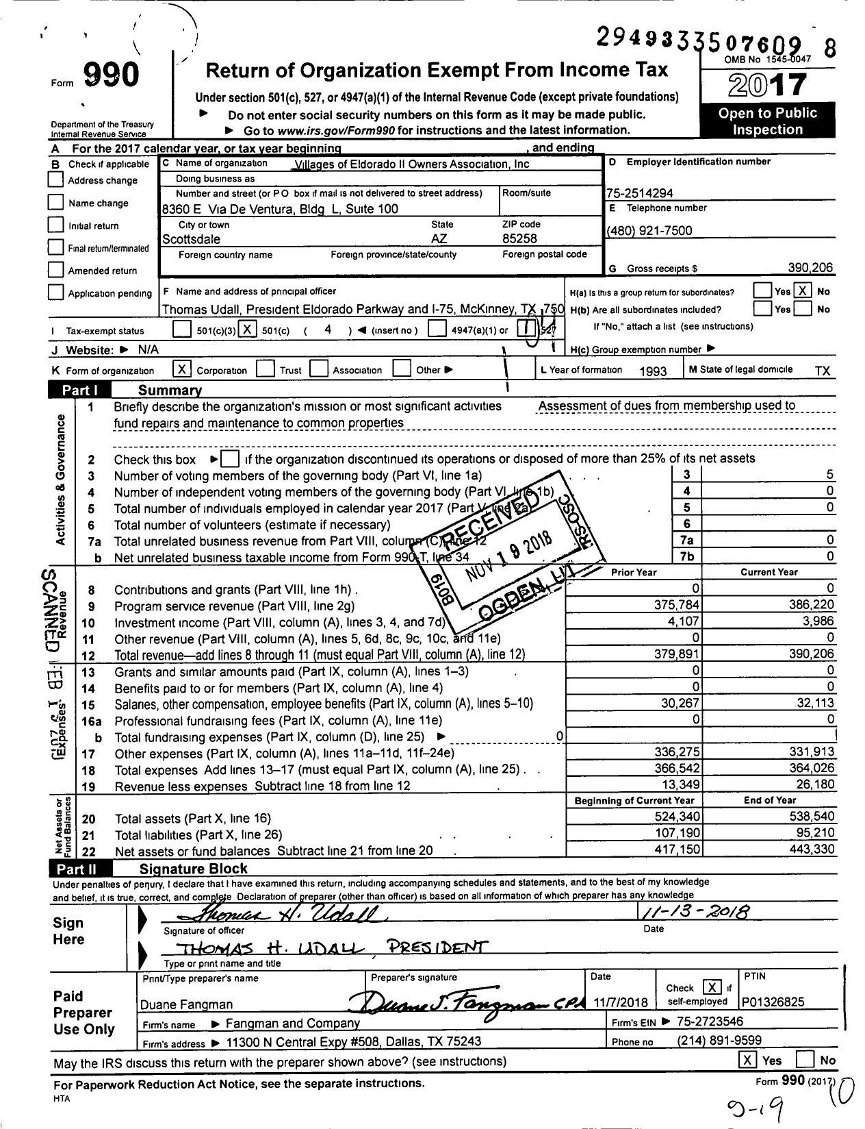 Image of first page of 2017 Form 990O for Villages of Eldorado II Owners Association