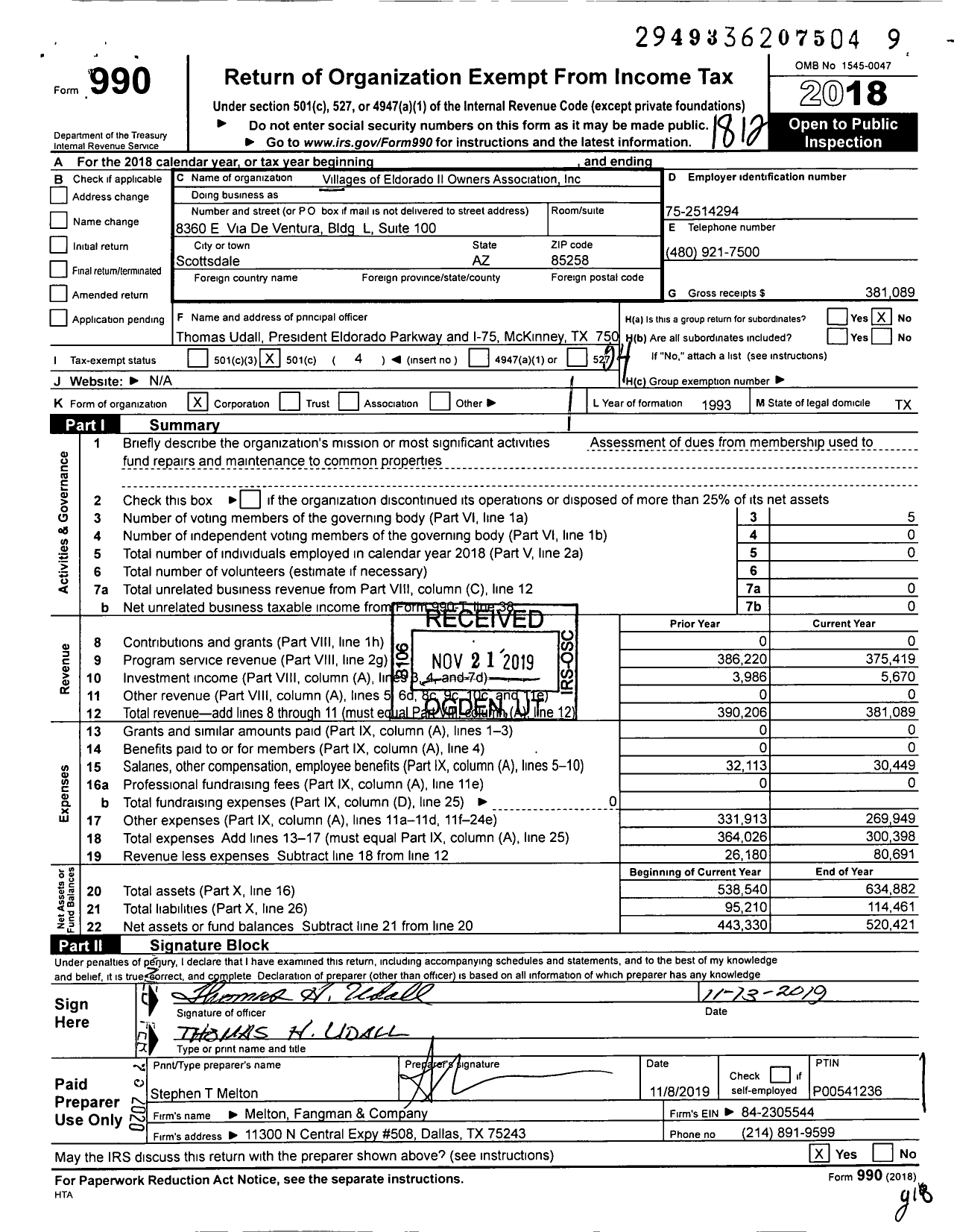 Image of first page of 2018 Form 990O for Villages of Eldorado II Owners Association