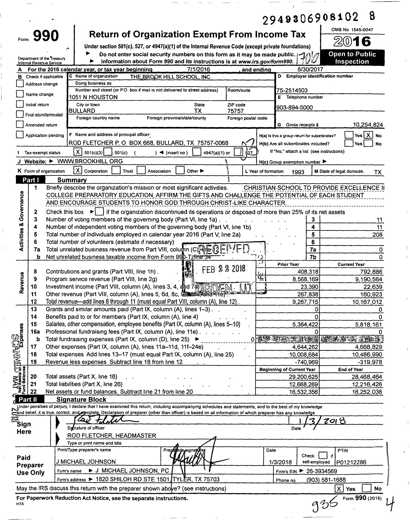 Image of first page of 2016 Form 990 for Brook Hill School