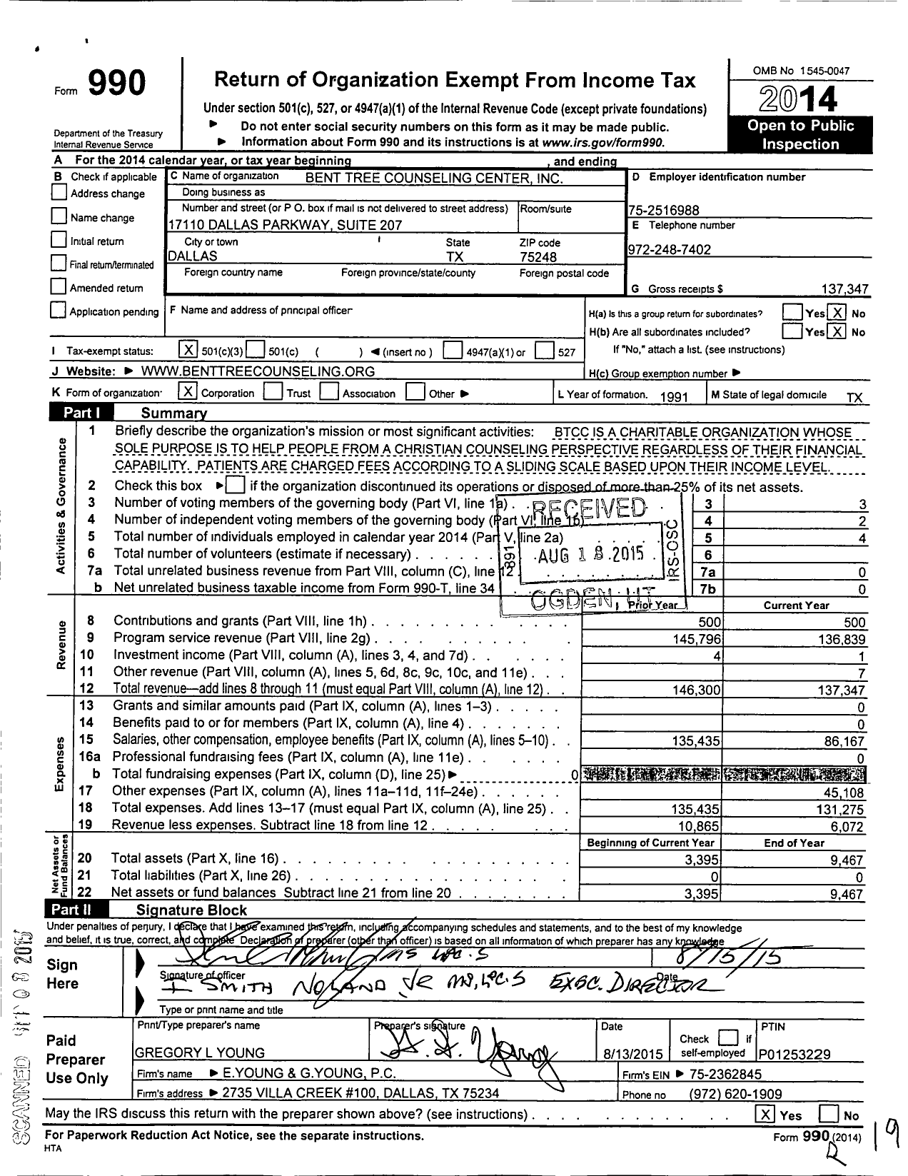 Image of first page of 2014 Form 990 for Bent Tree Counseling Center