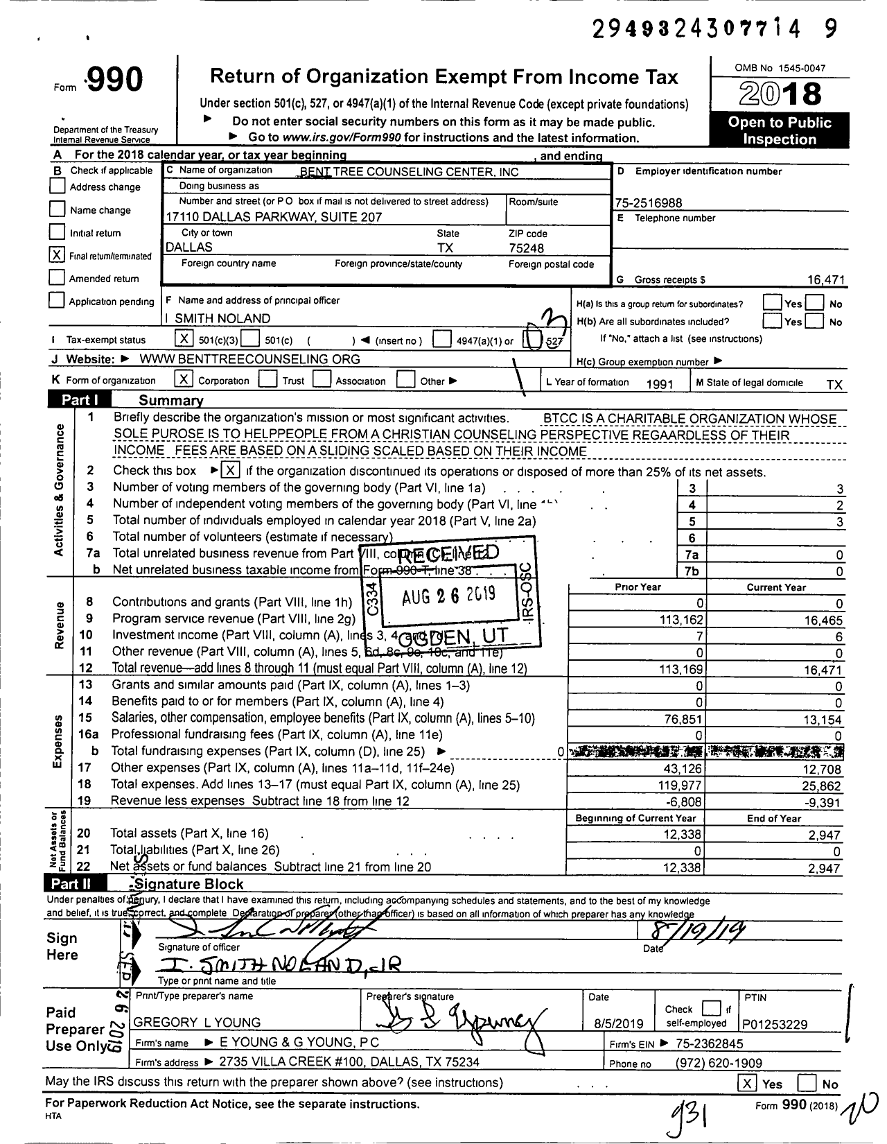 Image of first page of 2018 Form 990 for Bent Tree Counseling Center