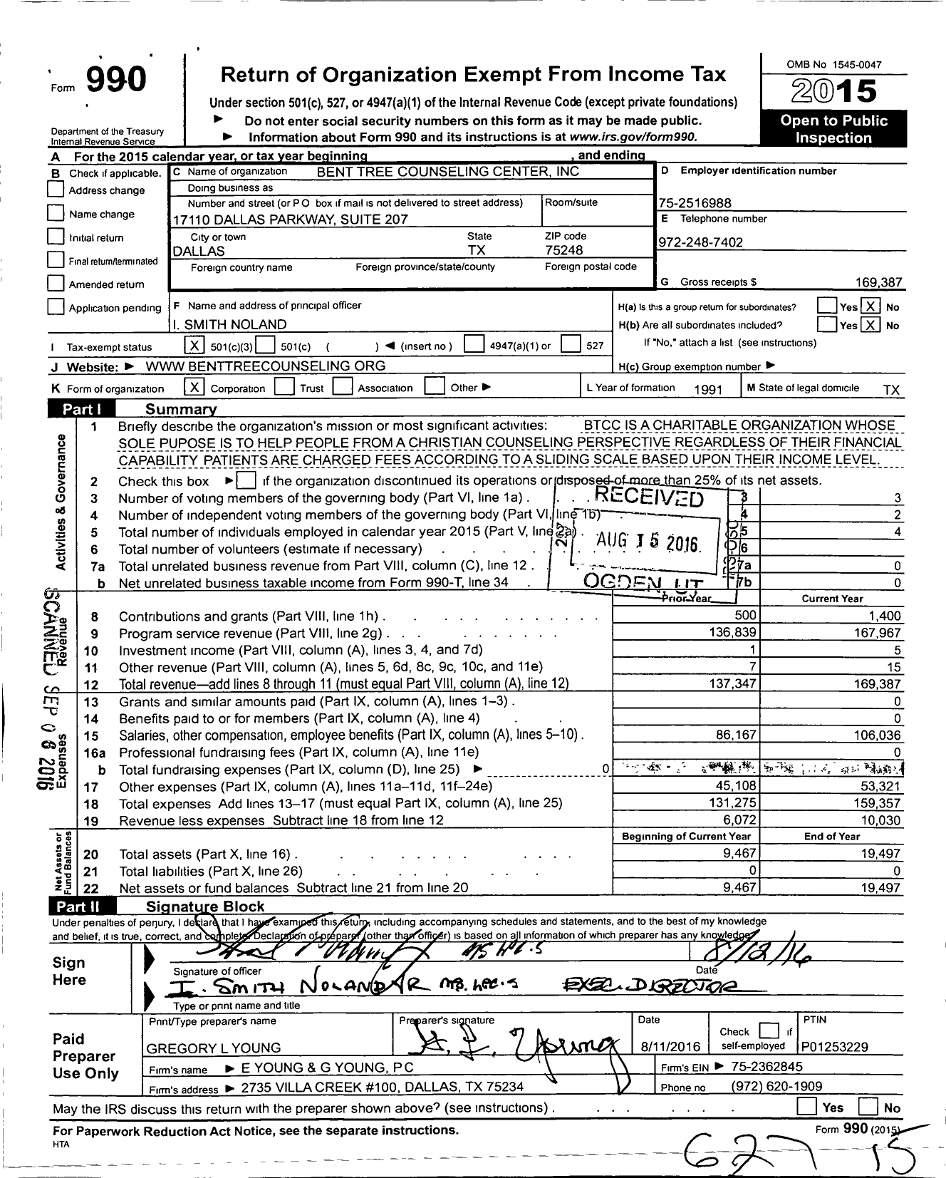 Image of first page of 2015 Form 990 for Bent Tree Counseling Center