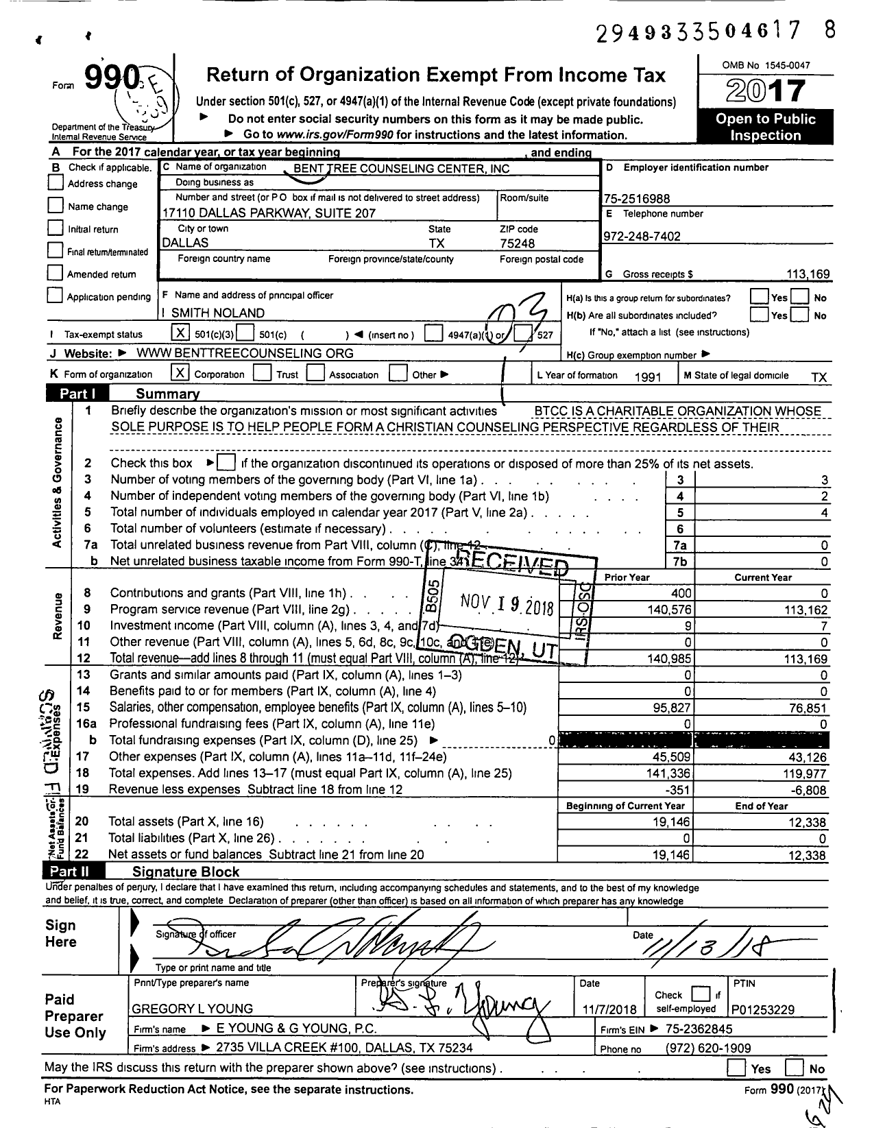 Image of first page of 2017 Form 990 for Bent Tree Counseling Center