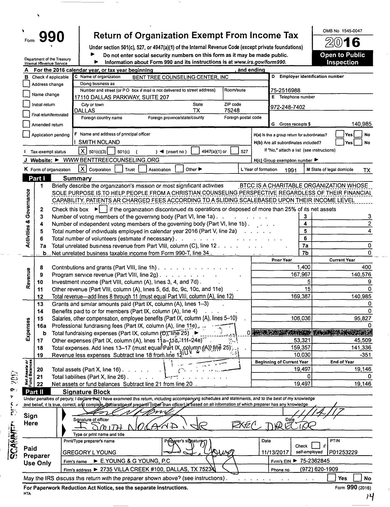 Image of first page of 2016 Form 990 for Bent Tree Counseling Center