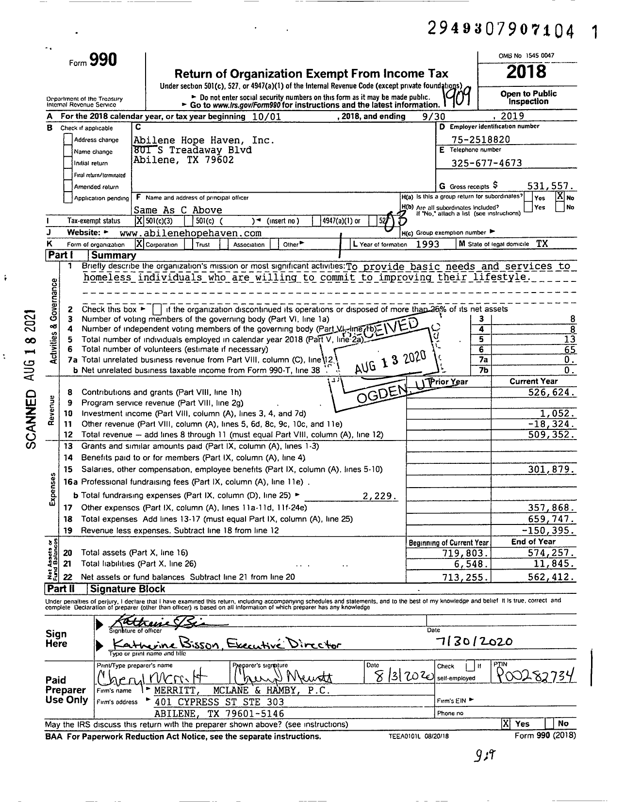 Image of first page of 2018 Form 990 for Abilene Hope Haven