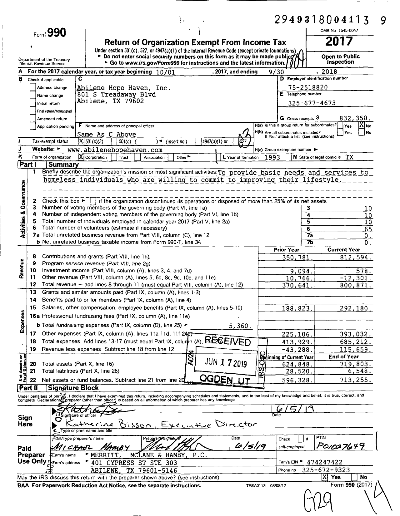 Image of first page of 2017 Form 990 for Abilene Hope Haven