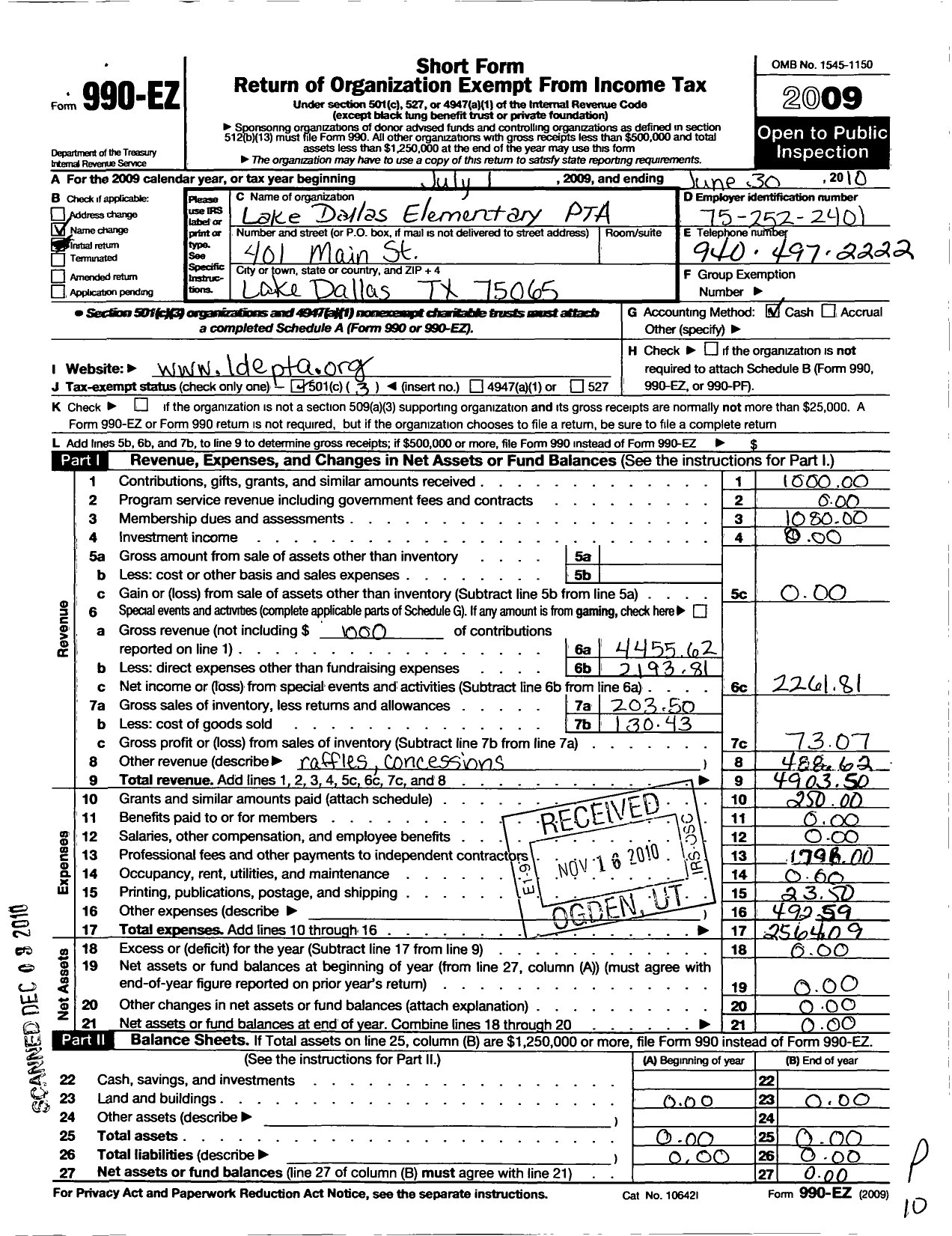 Image of first page of 2009 Form 990EZ for Texas PTA - Lake Dallas Primary PTA