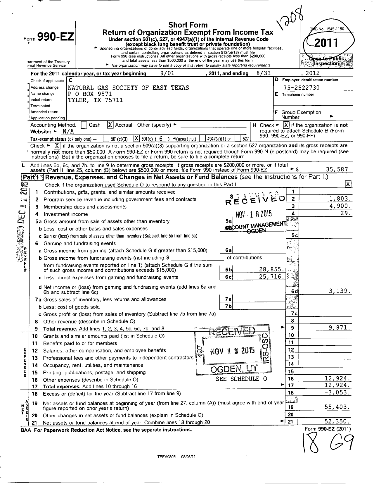 Image of first page of 2011 Form 990EO for Natural Gas Society of East Texas