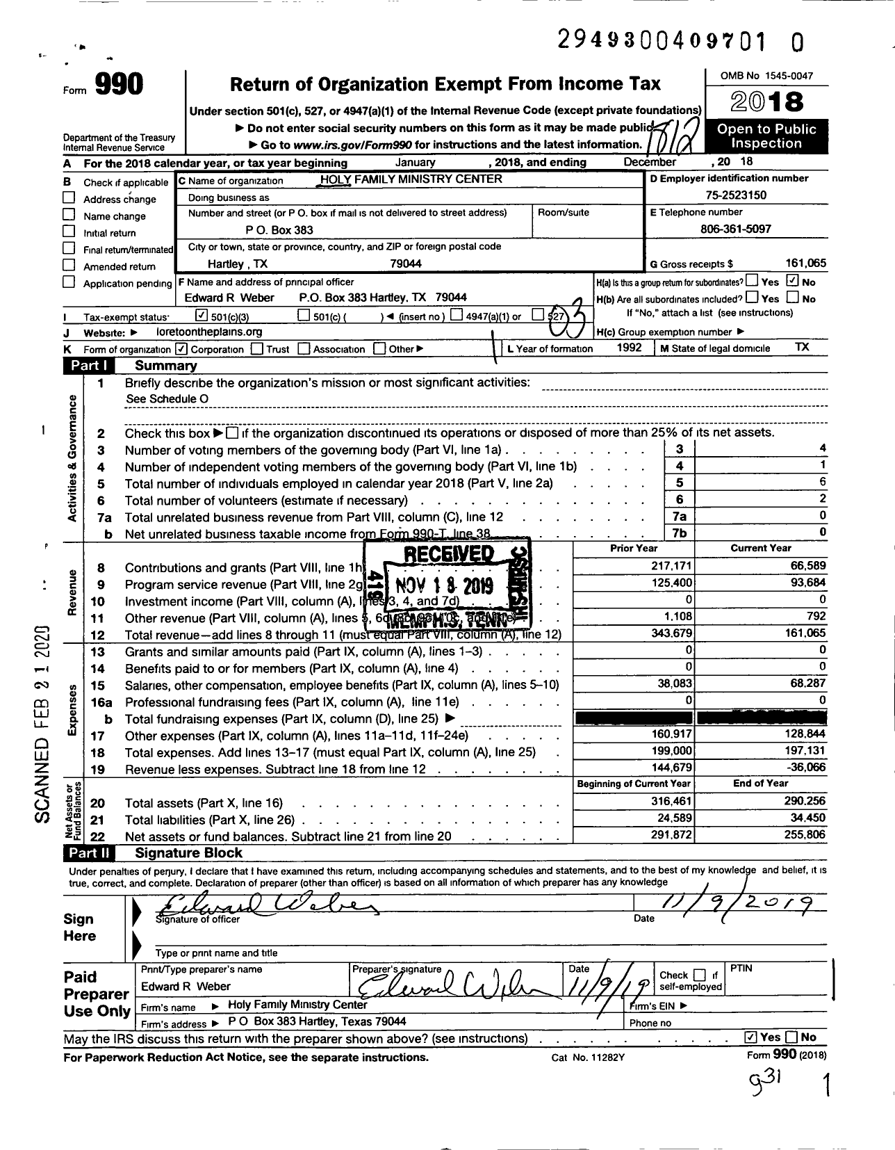 Image of first page of 2018 Form 990 for Holy Family Ministry Center