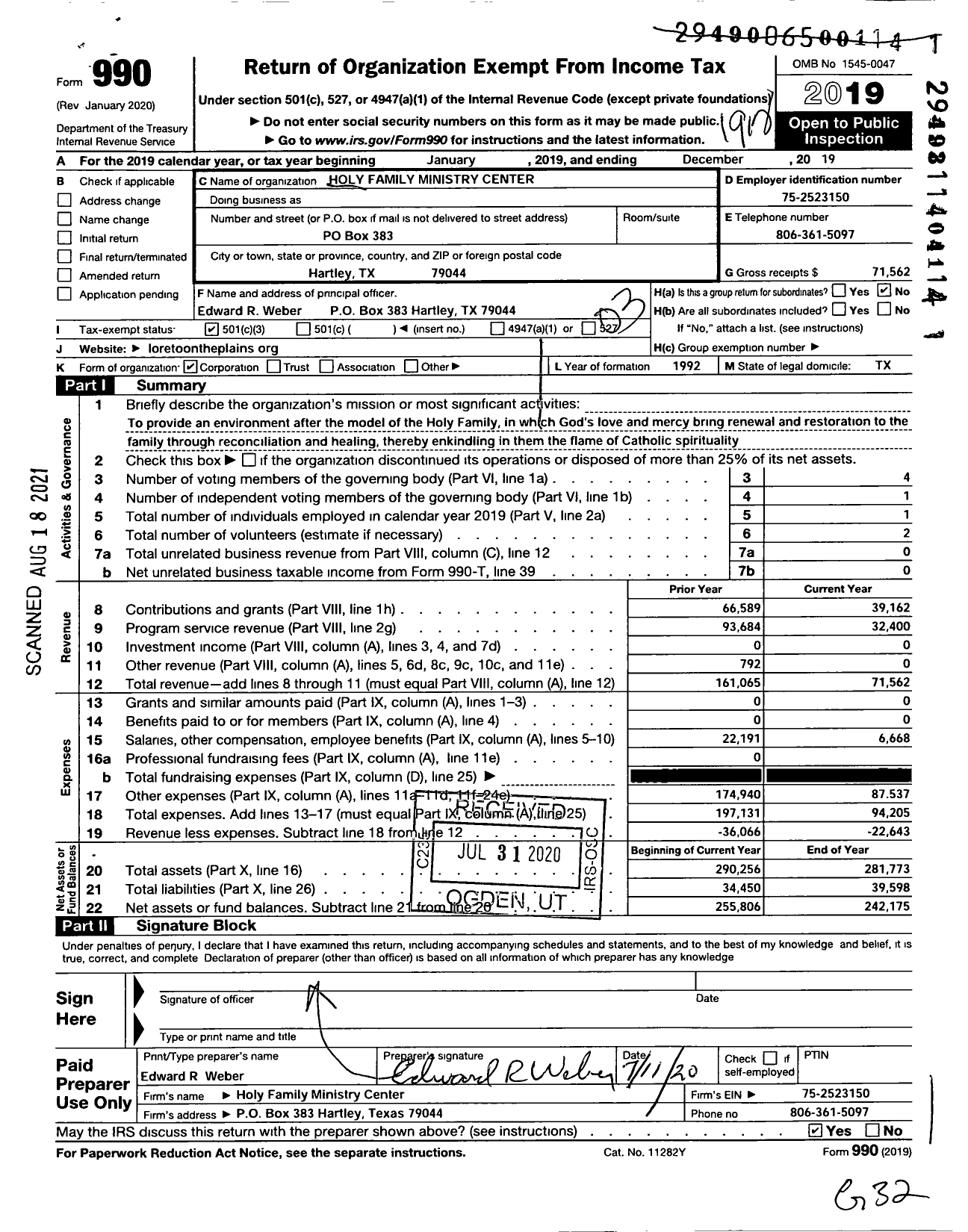 Image of first page of 2019 Form 990 for Holy Family Ministry Center