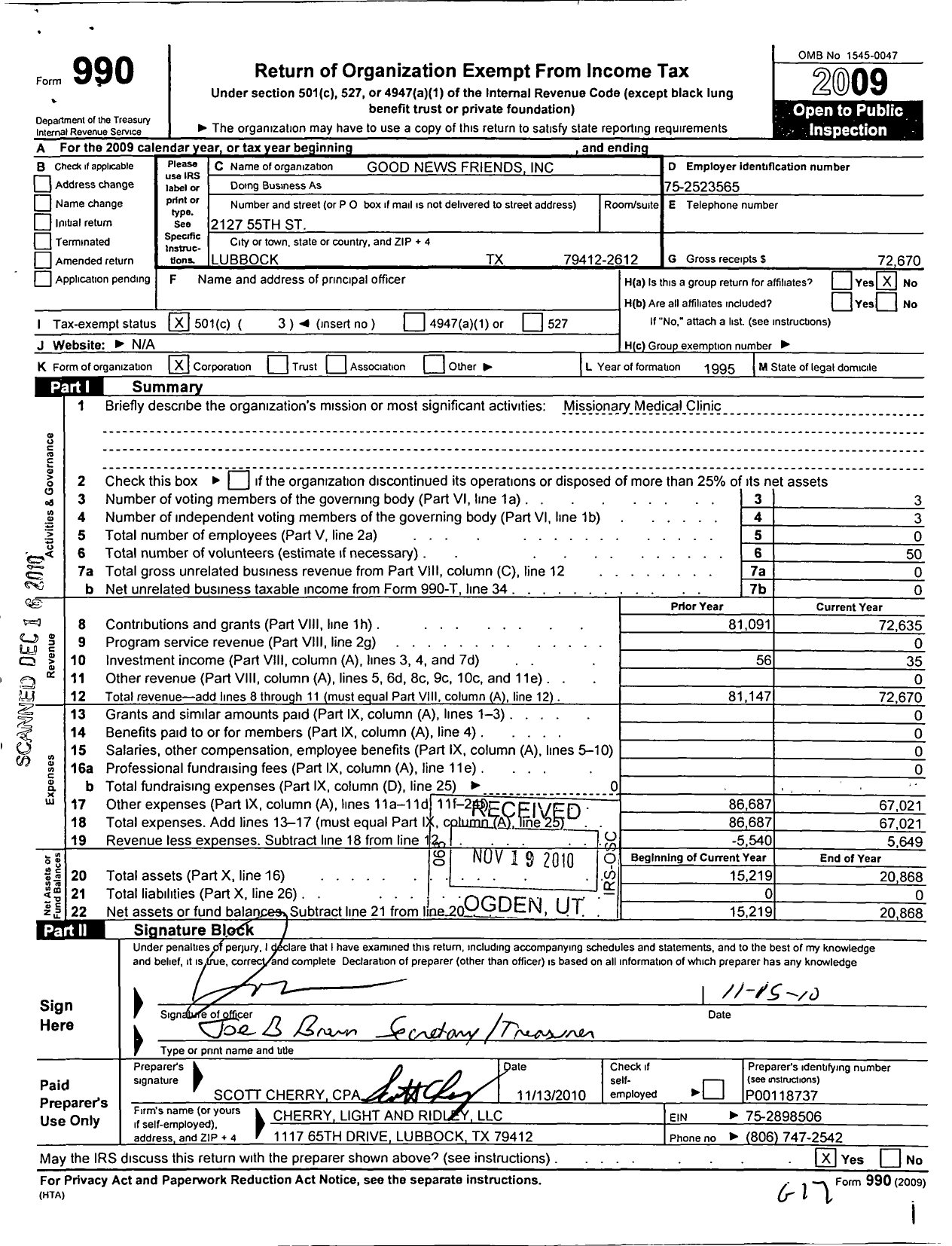 Image of first page of 2009 Form 990 for Good News Friends