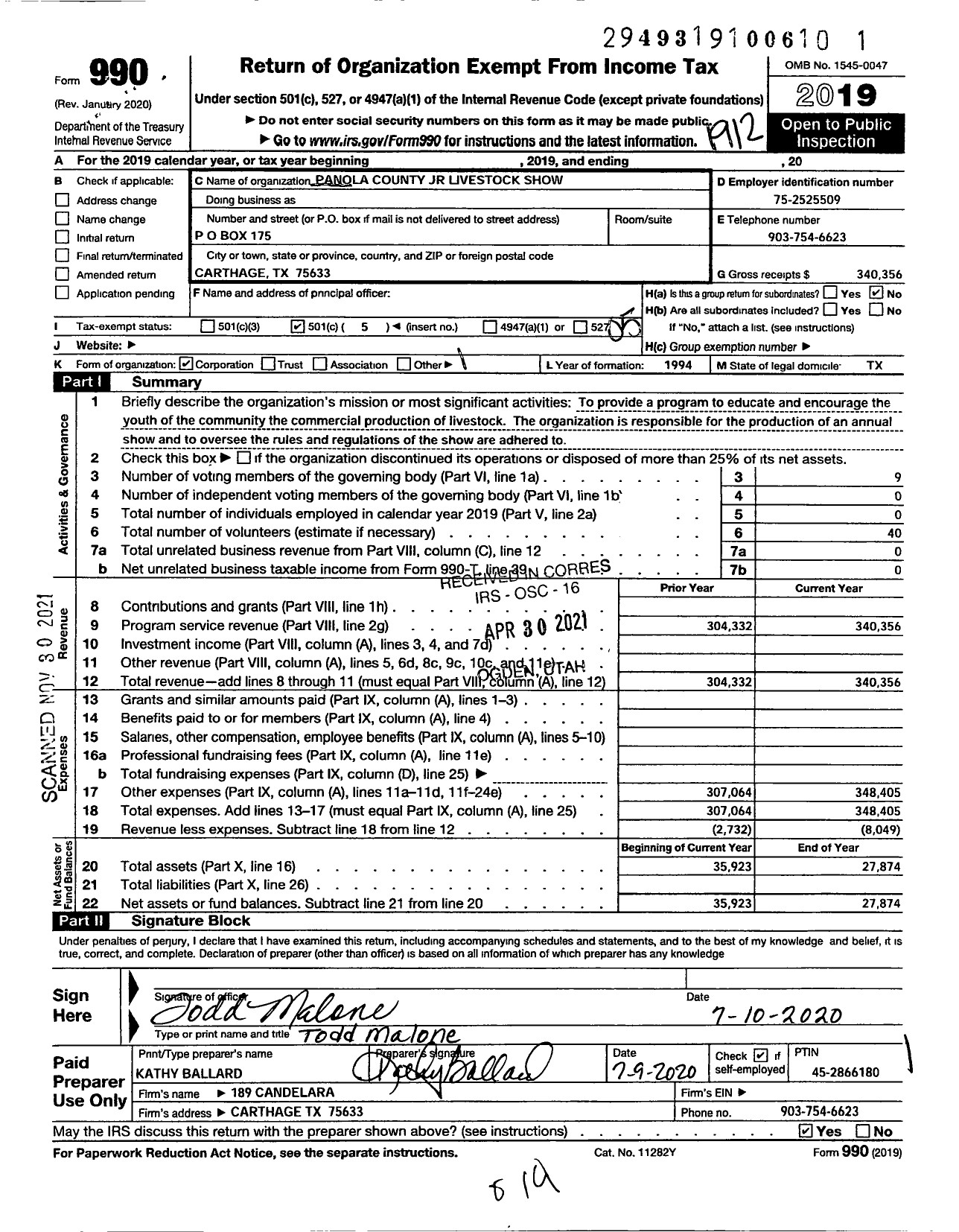 Image of first page of 2019 Form 990O for Panola County JR Livestock Show