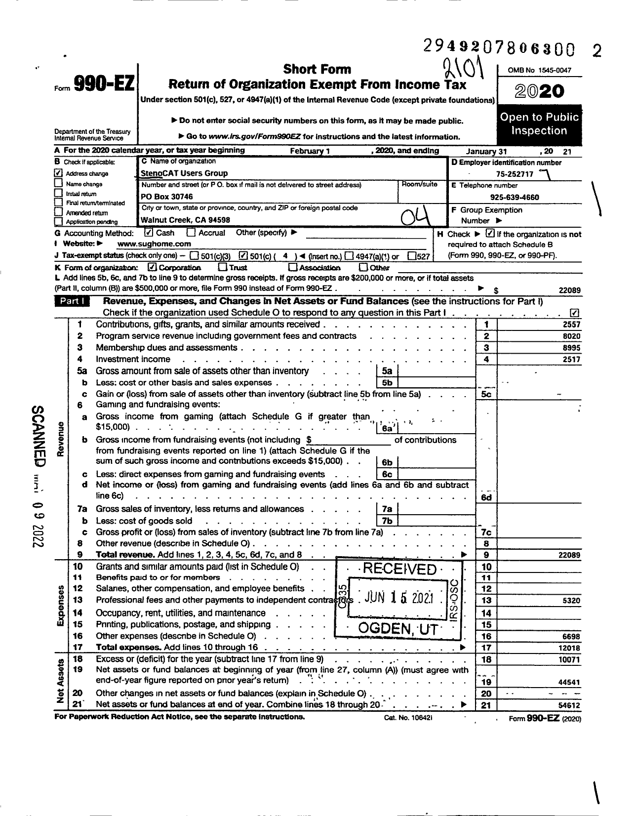 Image of first page of 2020 Form 990EO for Stenocat Users Group Nonprofit Corporation