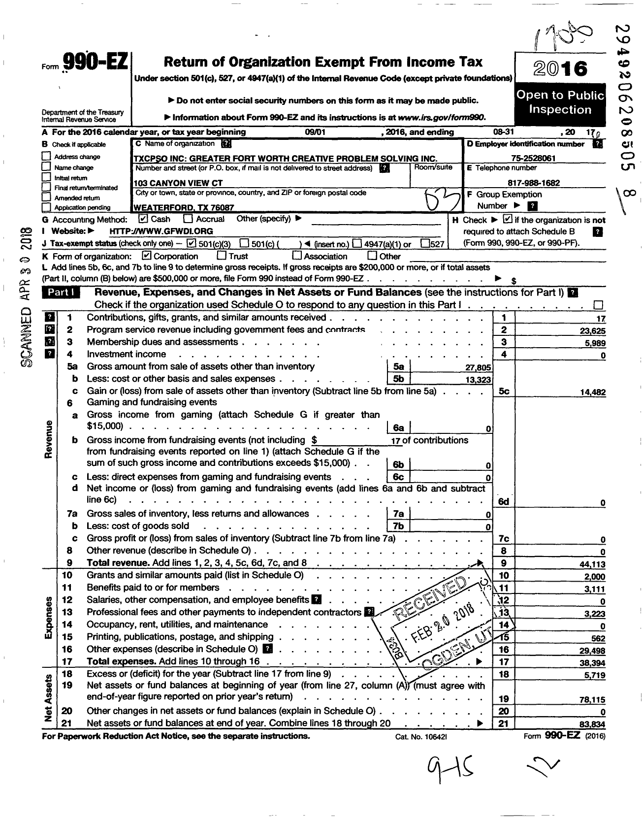 Image of first page of 2016 Form 990EZ for Txcpso / Greater Fort Worth Creative Problem