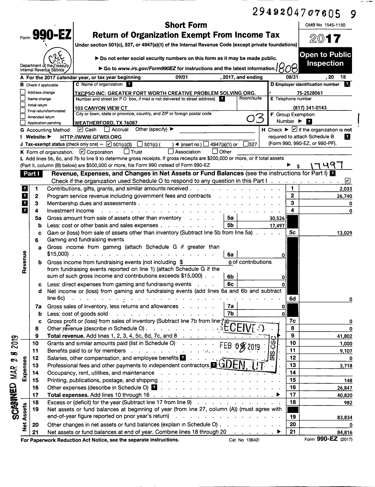 Image of first page of 2017 Form 990EZ for Txcpso / Greater Fort Worth Creative Problem