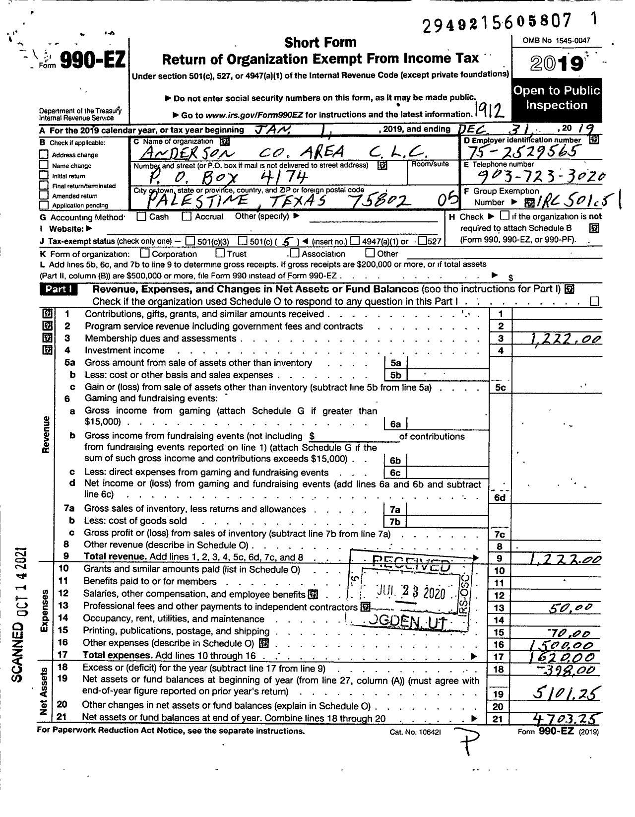 Image of first page of 2019 Form 990EO for AFL-CIO - Anderson County Area CLC