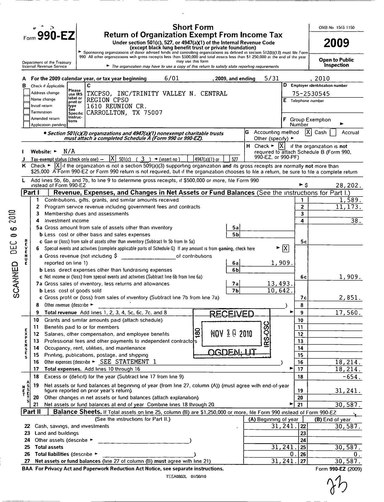 Image of first page of 2009 Form 990EZ for Txcpso