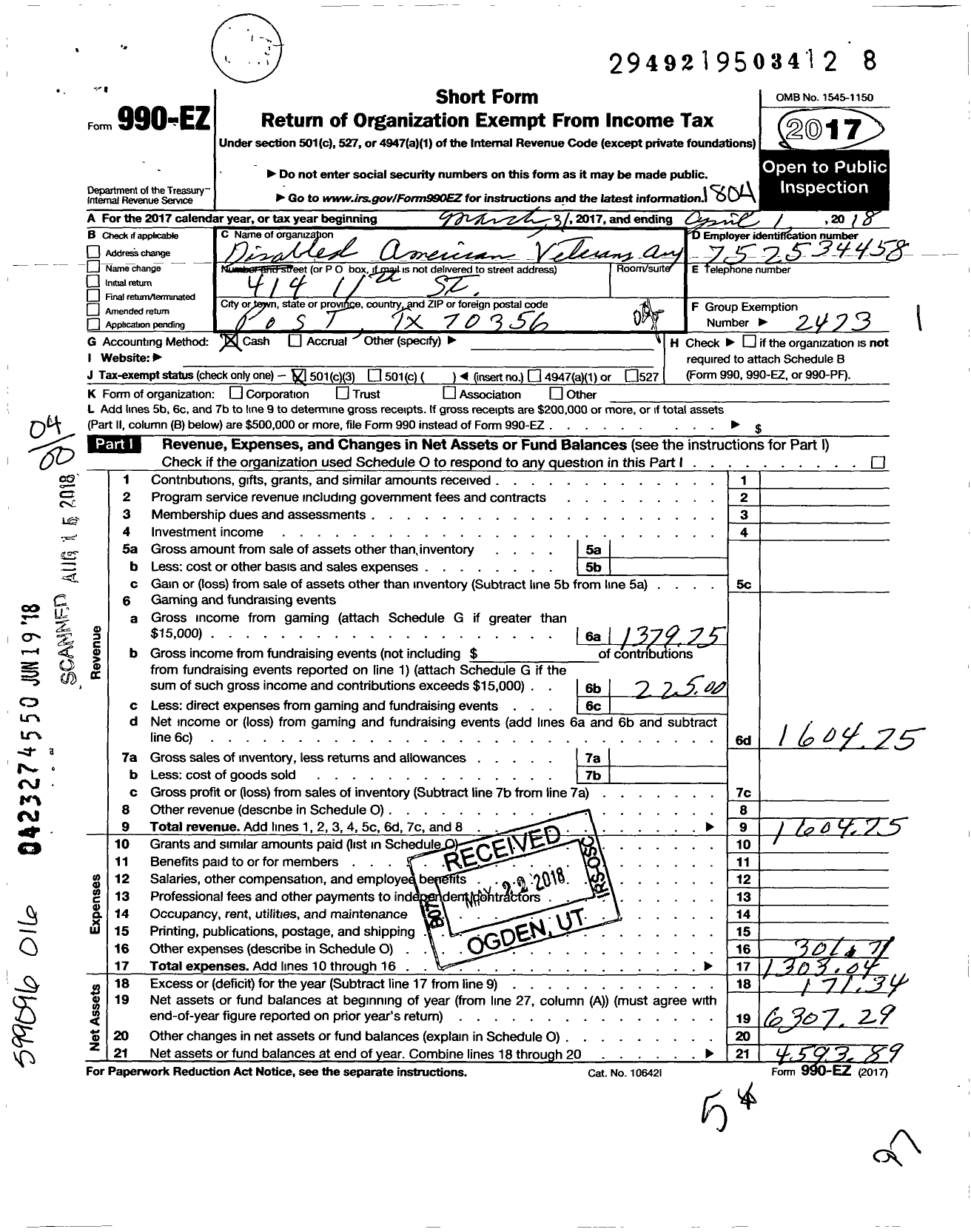 Image of first page of 2017 Form 990EO for Disabled American Veterans Auxiliary