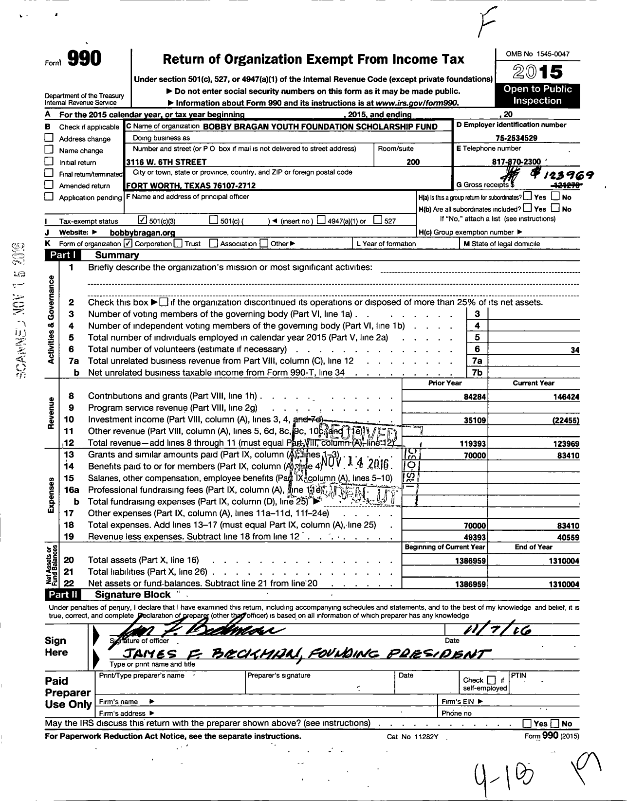 Image of first page of 2015 Form 990 for Bobby Bragan Youth Foundation Scholarship Fund