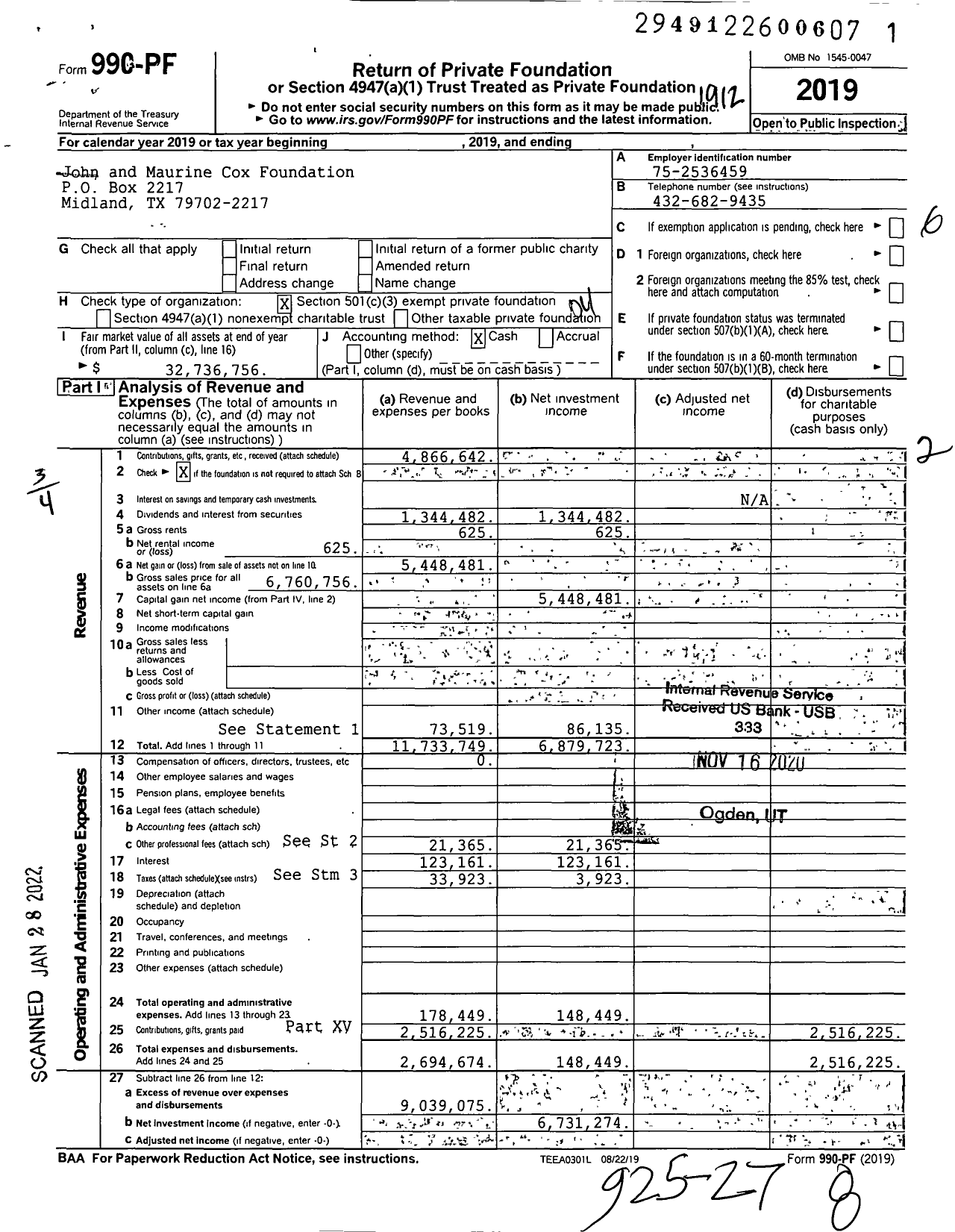 Image of first page of 2019 Form 990PF for John and Maurine Cox Foundation